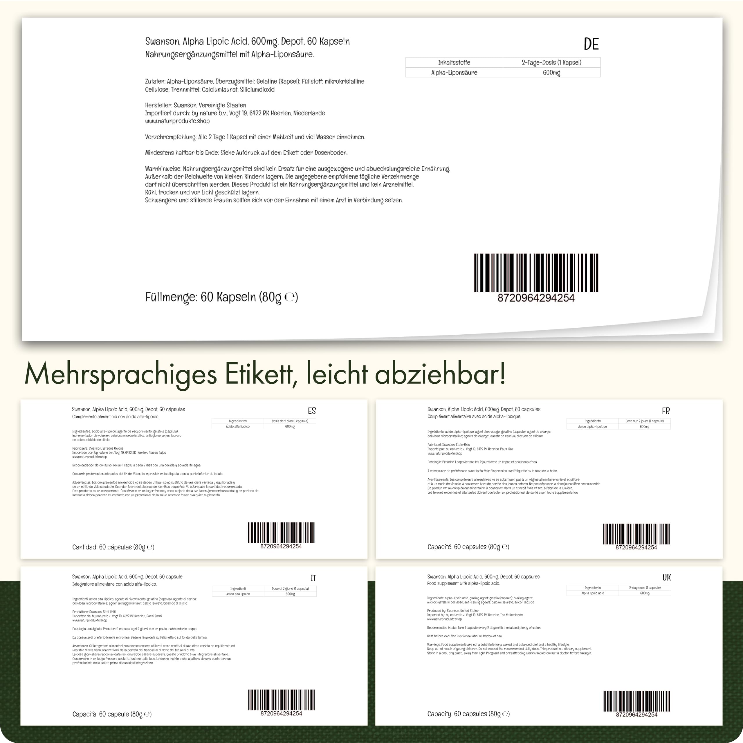 Swanson, Alpha-Lipoic Acid, 60 glutenfreie Kapseln, 600mg Alpha-Liponsäure je Dosis, Sojafrei, GMO frei, Geschmacksneutral