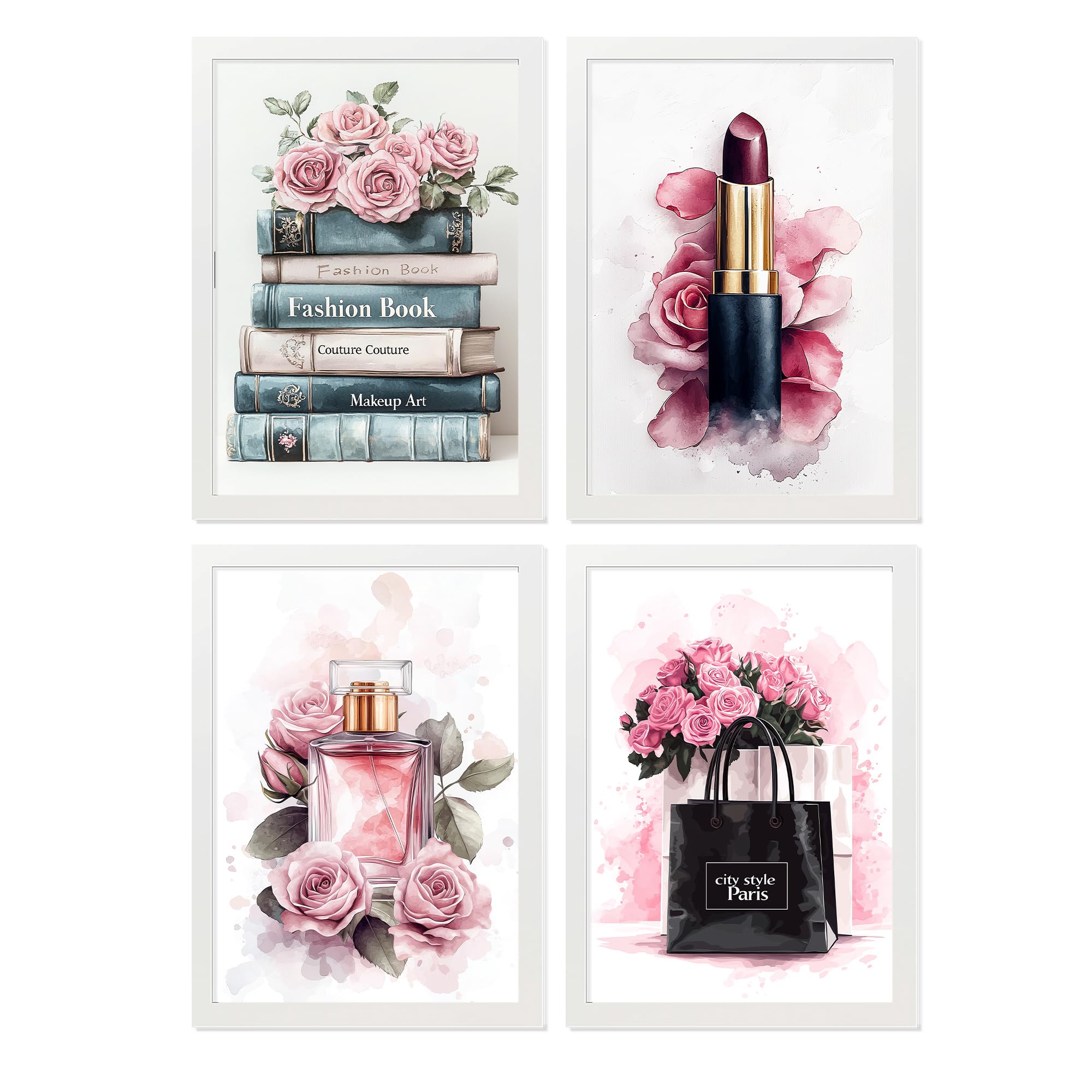 Nacnic Set de 4 Cuadros de Maquillaje y Cosmética Impresión Belleza Flores, Bolso, Perfume, Lápiz Labial ilustración para decorar las paredes del Inodoro, Tocador, Baño, Vestidor Salón A3 Marco Blanco