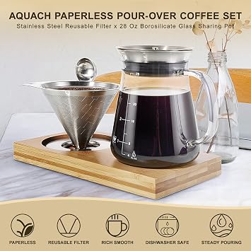 Aquach 28oz Pour Over Coffee Maker Set, Glass Carafe with Reusable Filter | Dishwasher Safe, Sharing Capacity, 304 Stainless Filter, Borosilicate Glass, Plastic Free Brewer