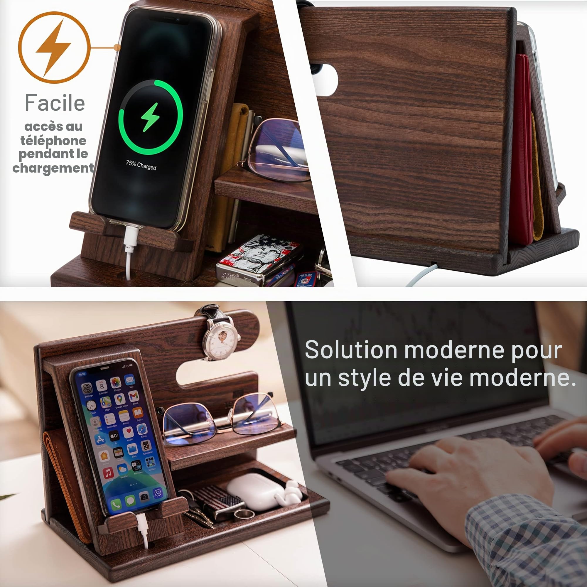 TESLYAR Station d'accueil en bois pour téléphone, montre, porte-clés, porte-monnaie, Gadget homme