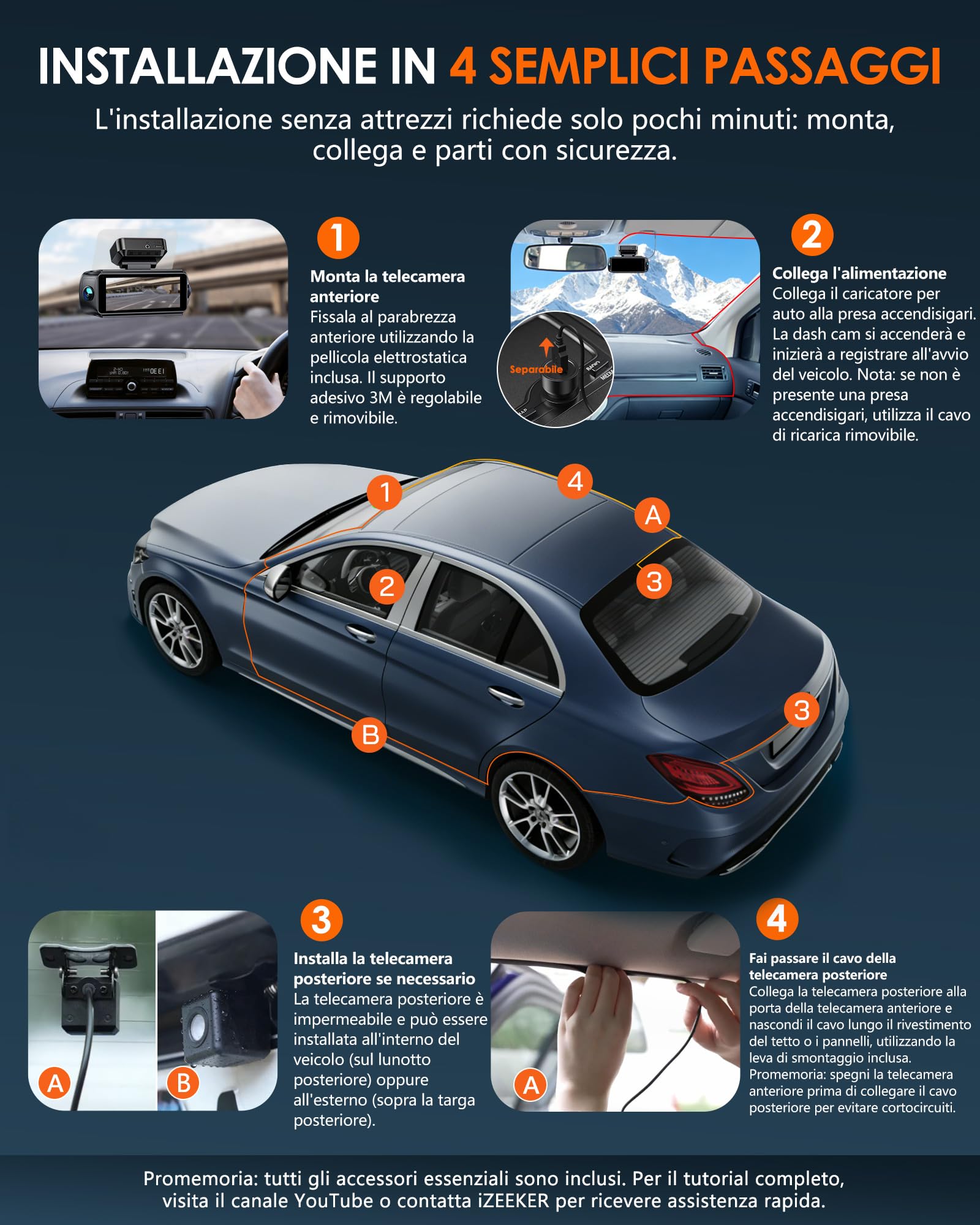 iZEEKER iD340 Dash Cam Auto 4 Canali, 4K Anteriore, 3x1080P, WiFi 6 | 4K anteriore + 3x1080P, WiFi 6, F1.6, WDR, schermo IPS da 3,39", modalità parcheggio, fino a 256GB