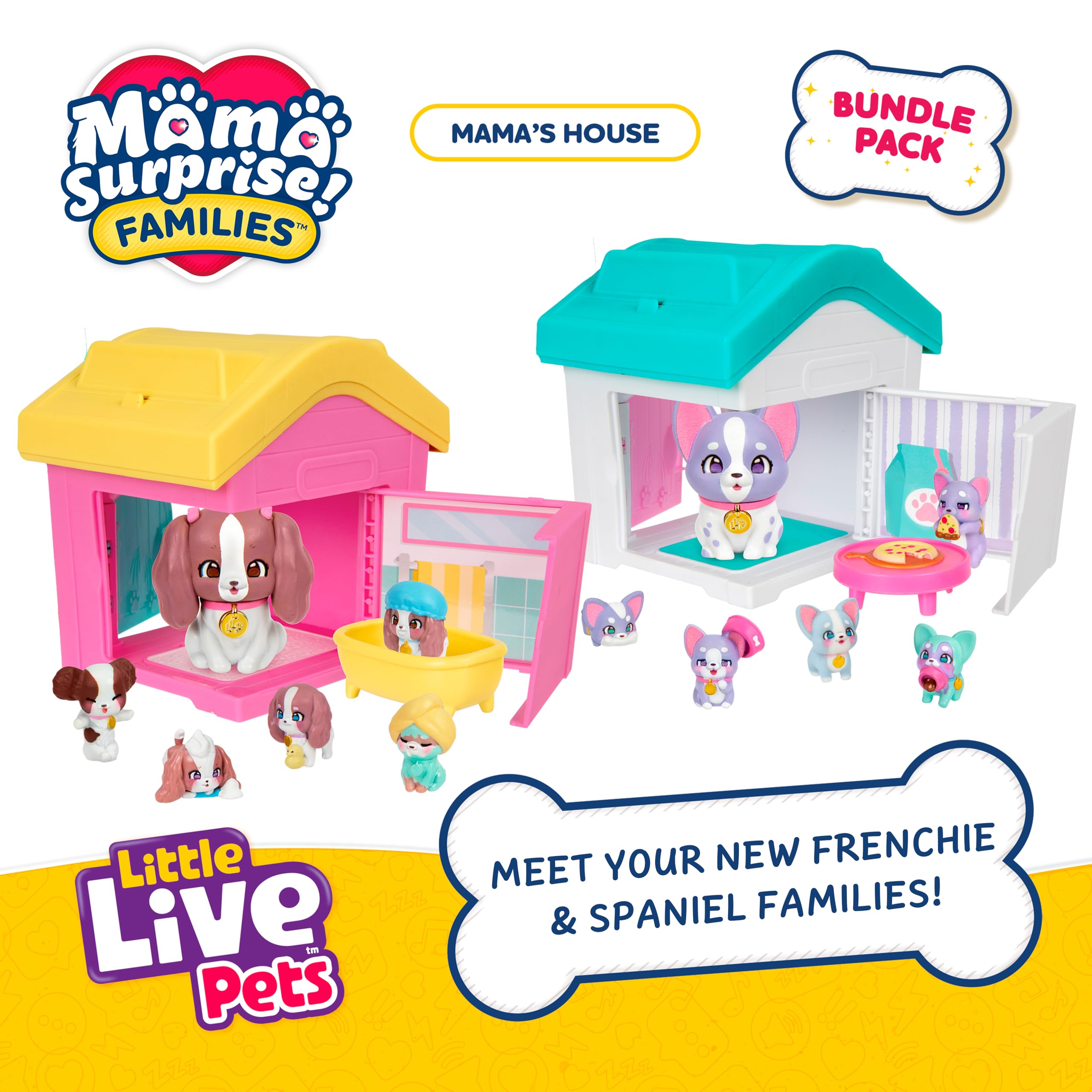 Little Live Pets Mama Surprise Families – Coffret Maison de Maman Bouledogue français et épagneul, 2 Maisons et des Chiots Uniques, 4-6 bébés par Maman, Set de Jeu Pliable, + de 80 à Collectionner