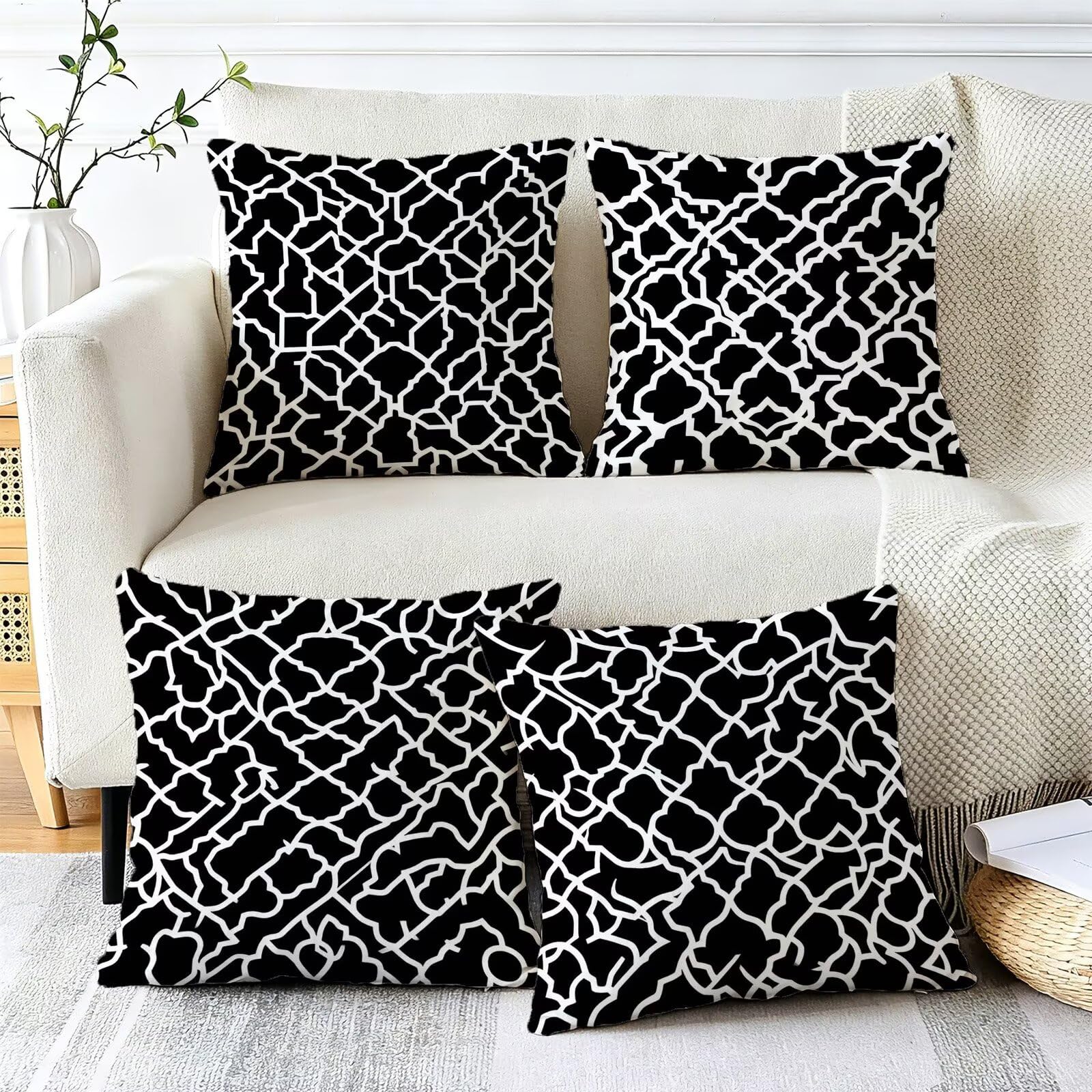 Coussin Exterieur Impermeable Noir Et Blanc, Taie Oreiller 45x45, Cod-304
