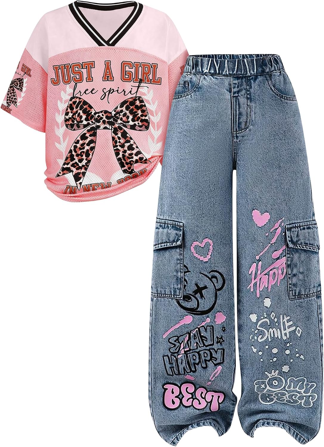 Girls 2 Piece Clothes Set V Neck Graphic Tee and Wide Leg Jeans Casual Streetwear Outfits Size 7-15