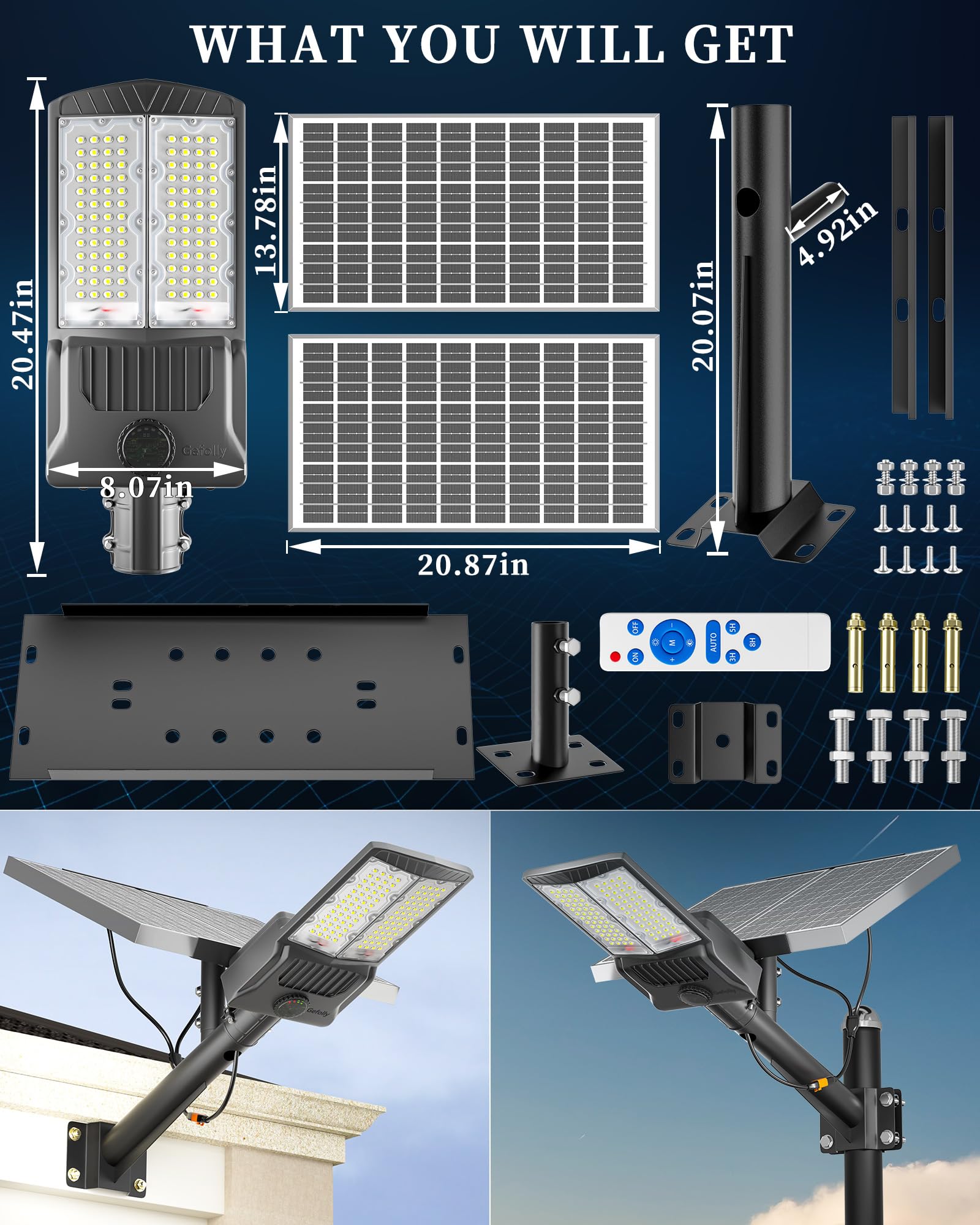 Gefolly SL-8500W Farolas Solares Exterior, Luz Solar Exterior con Control Remoto, 6500K IP67 Farolas Potente Impermeable, Foco LED Para Jardín Para Jardín, Garaje