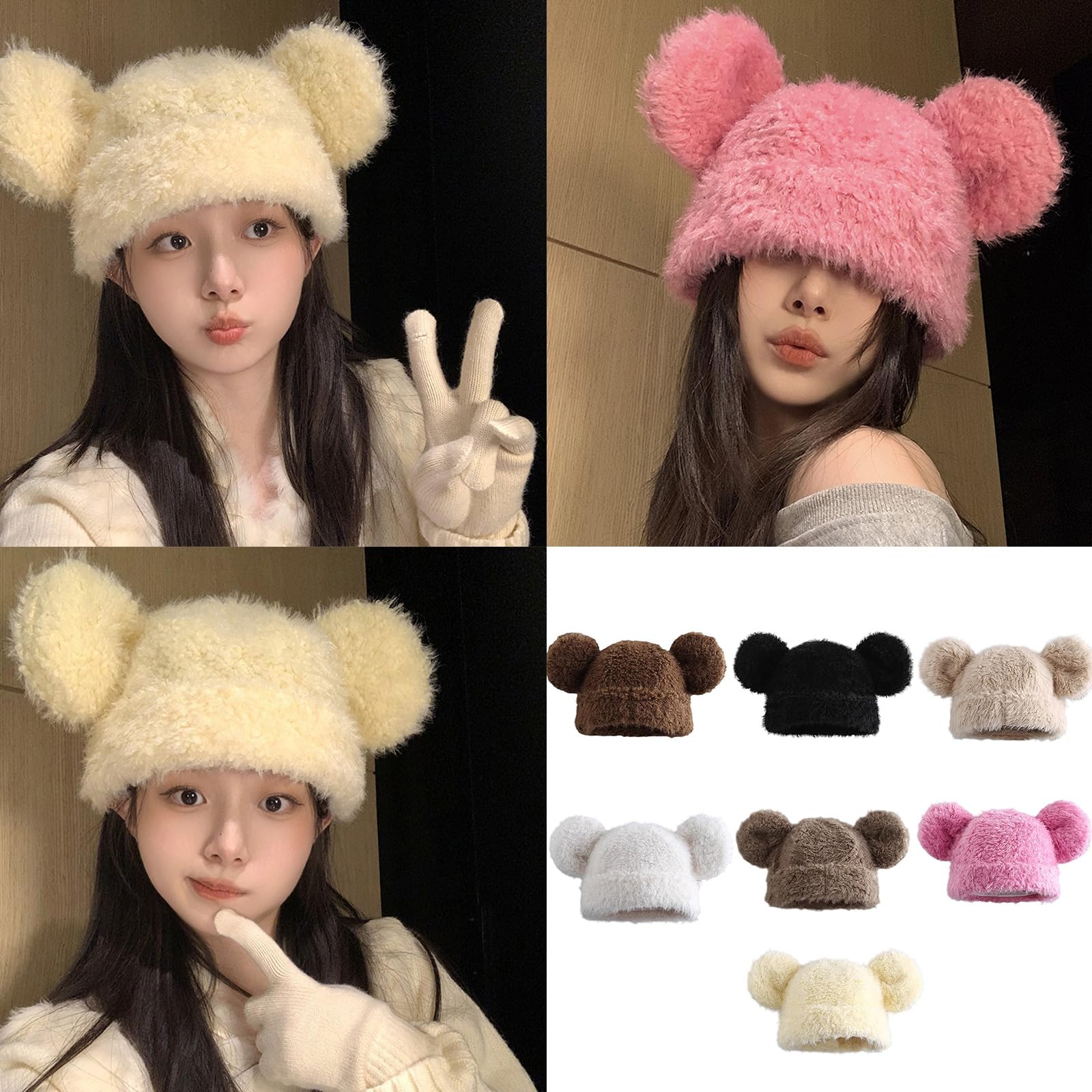 GRABAGECAN Furry Cartoon Bear Hat with Lovely Ear for Outdoor Sports Furry Hat with Ear Oversized Headgear Hat for Winter Pink