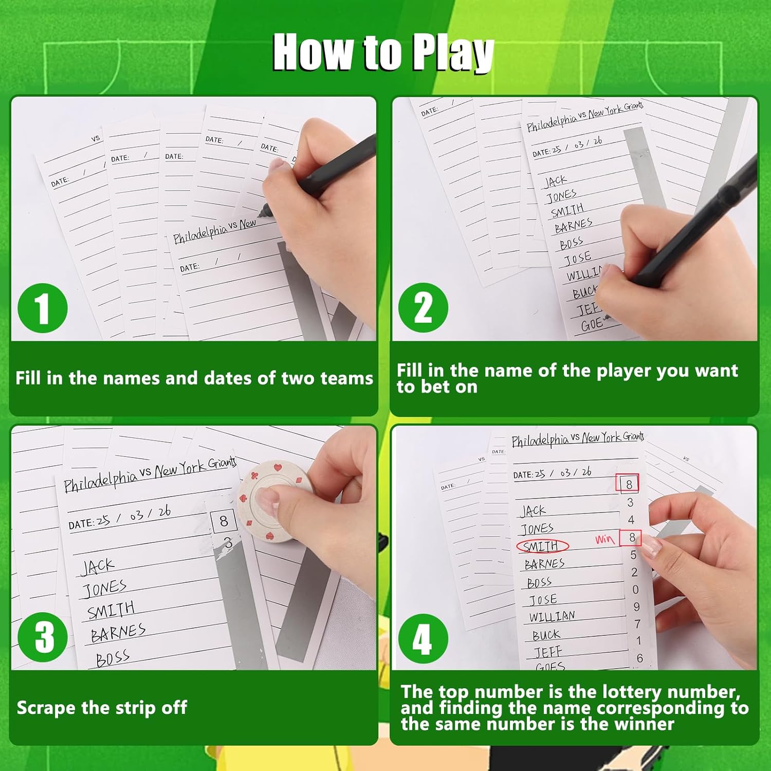 Axcoix 160 Pack Strip Cards for Gambling, 10 Line Football Strip Cards, No-Repeat Pull Tabs Gambling Tickets for Soccer Football Baseball Sports Box Game Betting
