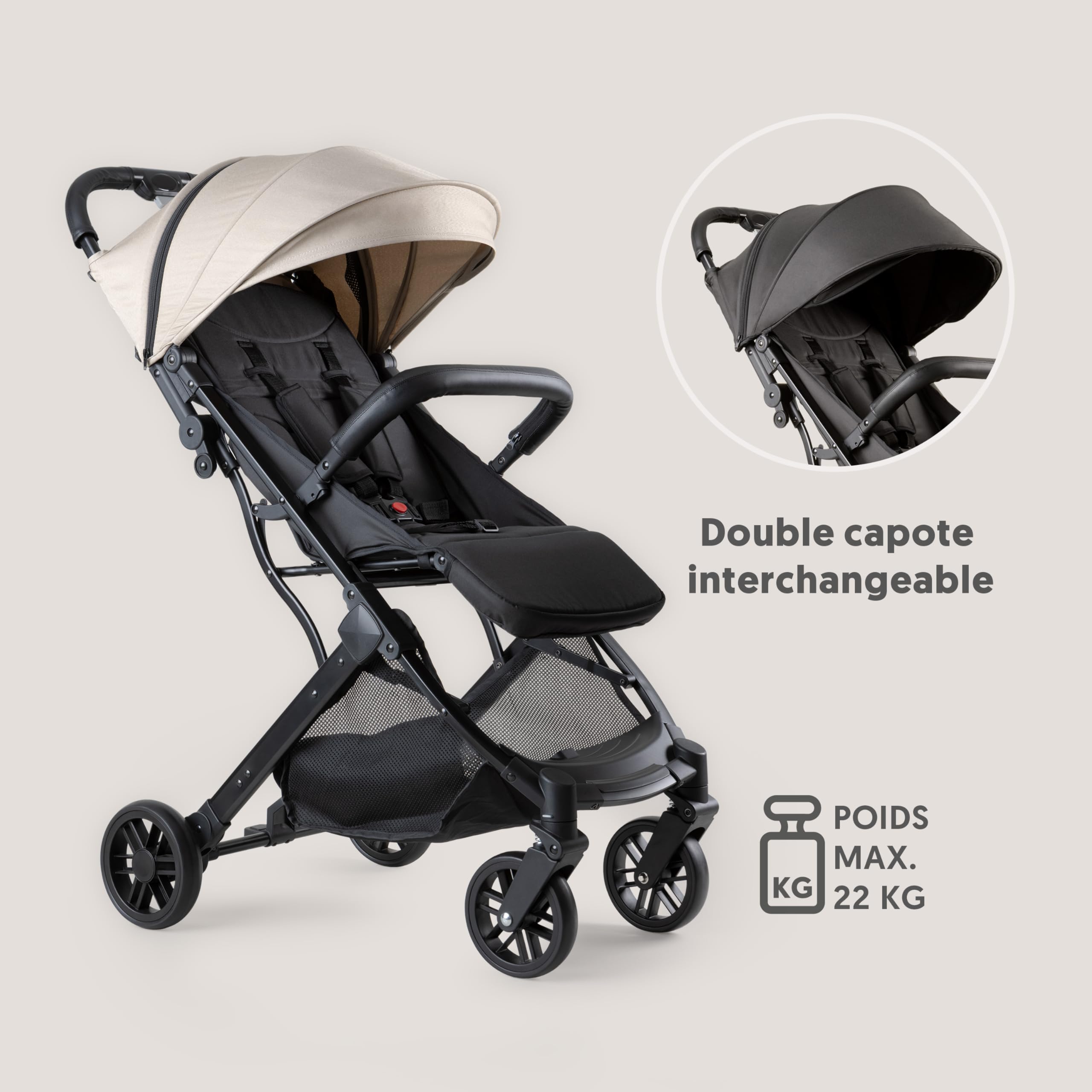 Interbaby Poussette Canne Compacte Légère Cabine Avion 22 kg (Beige) | Poussette pliage une main, cabine avion, capote XXL, dossier inclinable, suspension 4 roues, dès la naissance