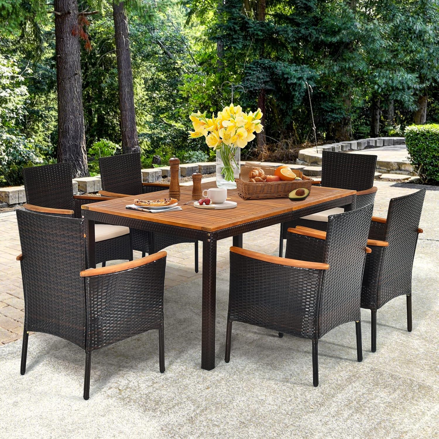 7 Pieces Patio Dining Set Outdoor Dining Set with Umbrella Hole, Wicker Patio Furniture Set with Acacia Wood Table and Chairs, Garden Dining Table Set for Backyard, Desk, Poolside (Brown)