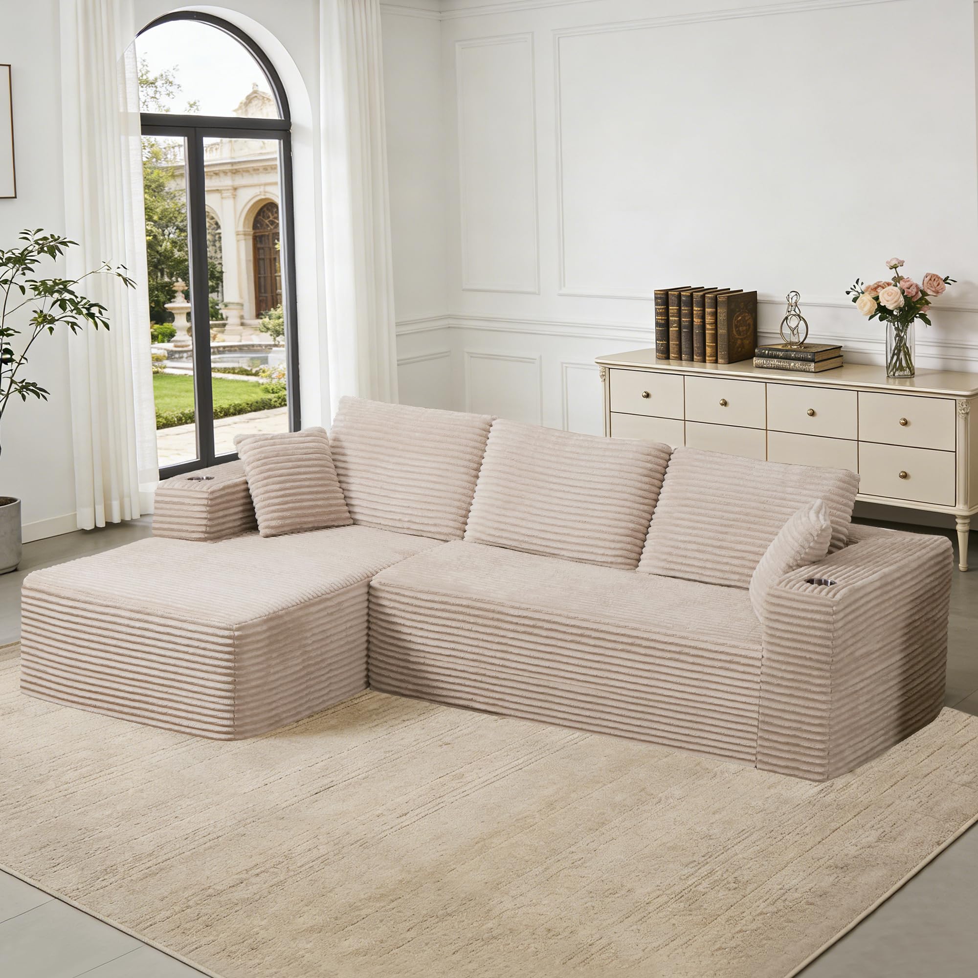 261cm Corduroy Modulares Schlafsofa, Knochenlose Cloud Couch L-Form Ecksofa mit Schlaffunktion, Modulares Sektionssofas mit Chaise für Wohnzimmer Schlafzimmer, 3 Sitzer Sofa Beige