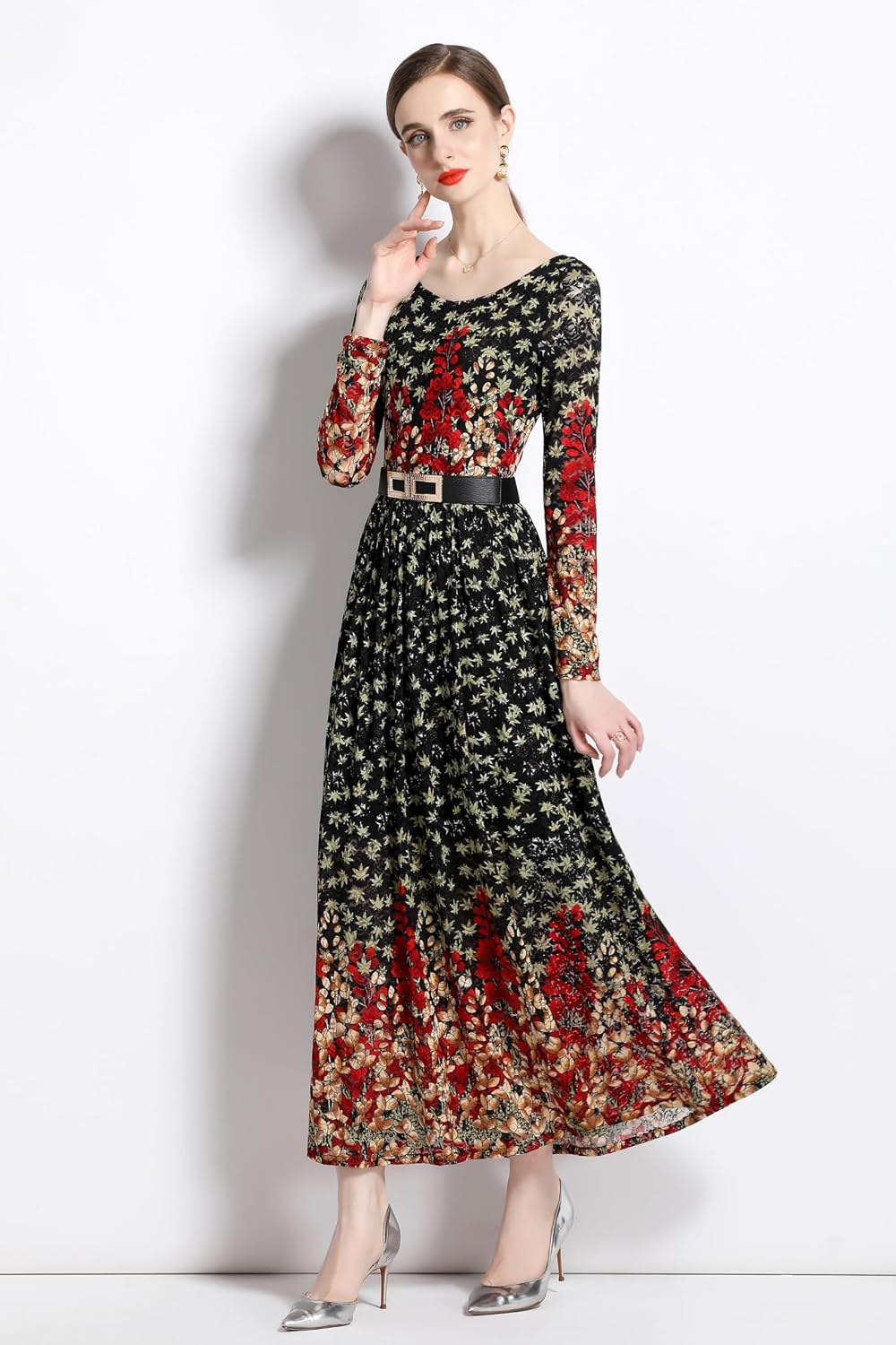LAI MENG FIVE CATS Women's Lace Floral U Neck Stretchy Wedding Evening Party Maxi Dress with Belt