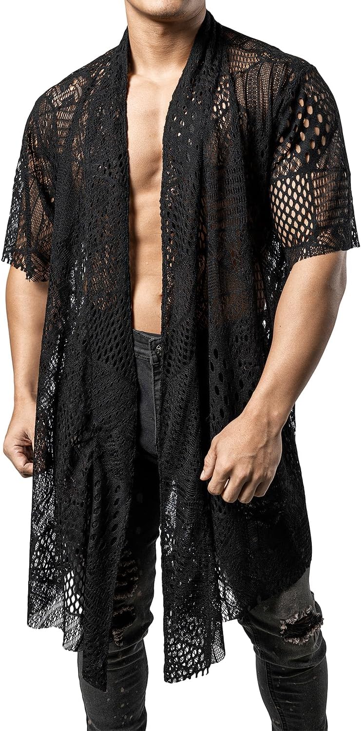JOGAL Mens Mesh Fishnet See Through Cardigan Ruffle Shawl Collar Open Front Top