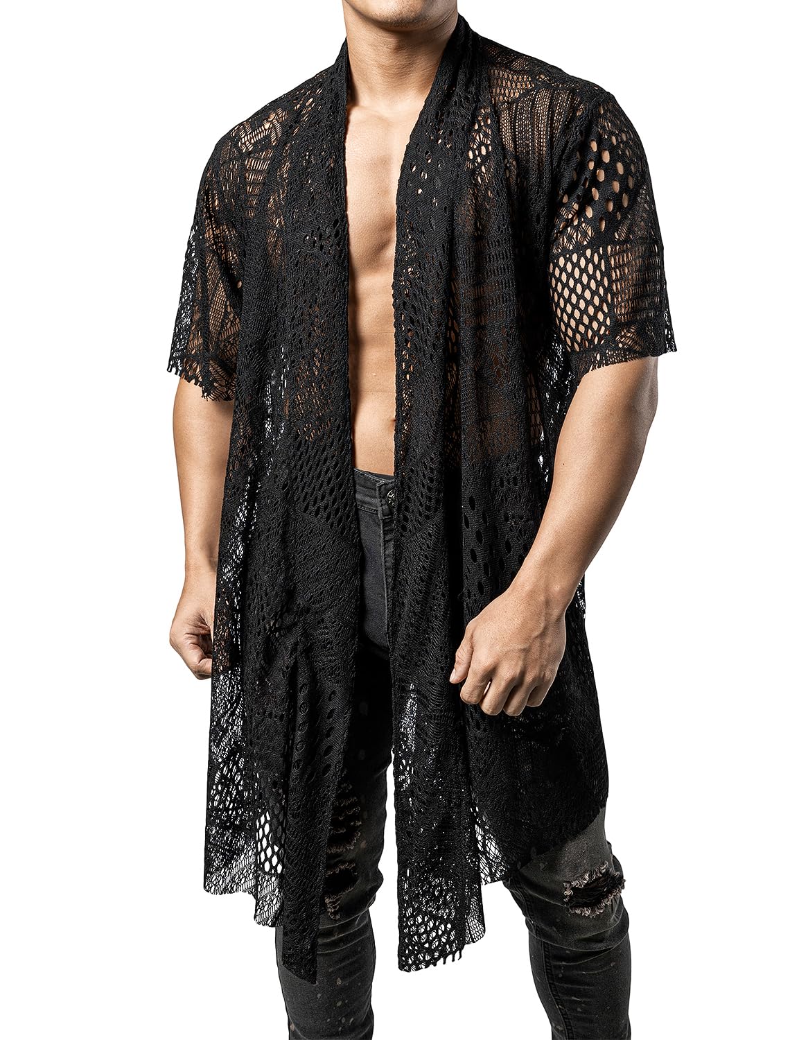 jogal Mens Mesh Fishnet See Through Cardigan Ruffle Shawl Collar Open Front Top-picture-12