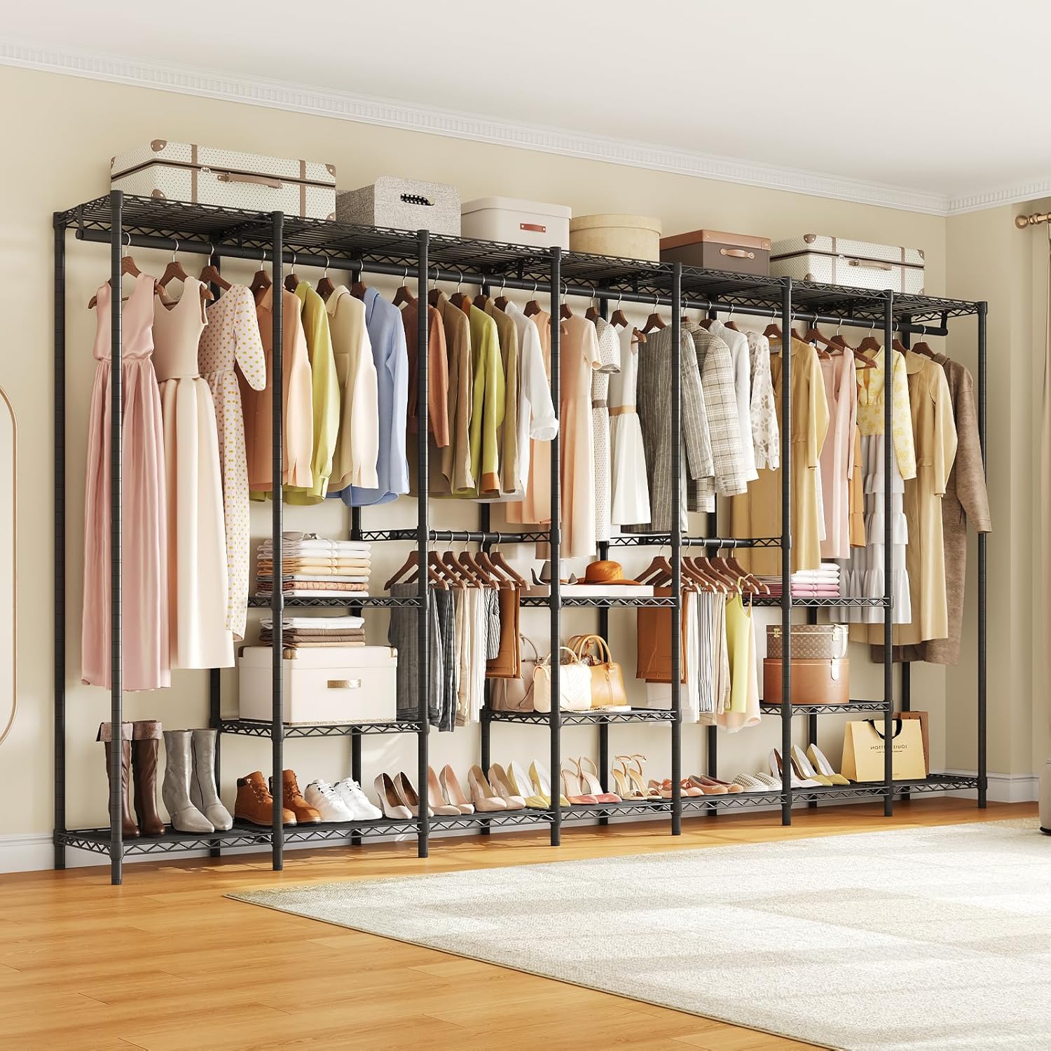 ONBRILL F7 Extra Large Industrial Pipe Clothing Rack, Portable Freestanding Closet Organizer System with Shelves & Hanging Rods, 122.0'' Wide Heavt Duty Clothes Rack, Max Load 1650lbs, Black