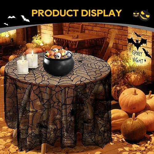 Miniatura 6 de eZAKKA Mantel redondo de Halloween, mantel de telaraña de 70 pulgadas, mantel negro de tela de encaje, mantel espeluznante para fiestas, gótico de