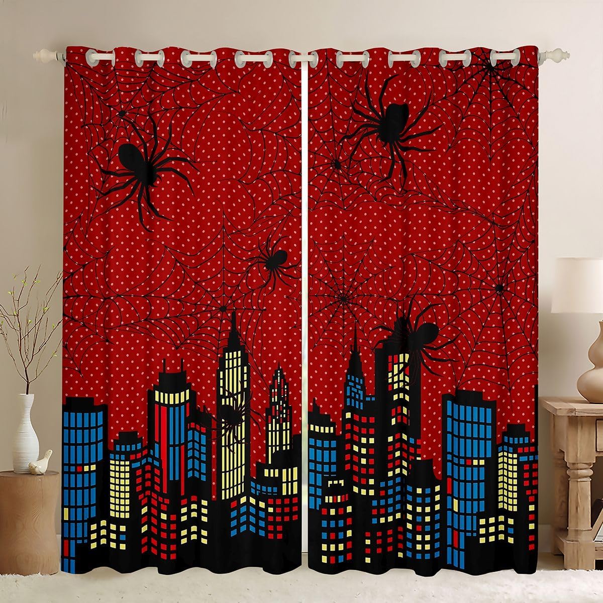 Castle Fairy Spider Web Blackout Curtains for Kids Bedroom Geometric Stripe Dot Window Drapes City Building Window Treatment Red Black Blue Windows Curtains 2 Panel Sets 38" Wx54 L