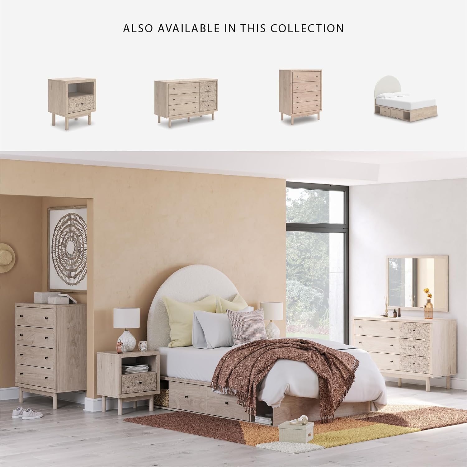 Signature Design by Ashley Birkmore 6 Drawer Dresser, 10-Minute Easy Assembly, Engineered Wood, Whimsical Botanical Accent Drawers for Bedroom, Light Oak Finish