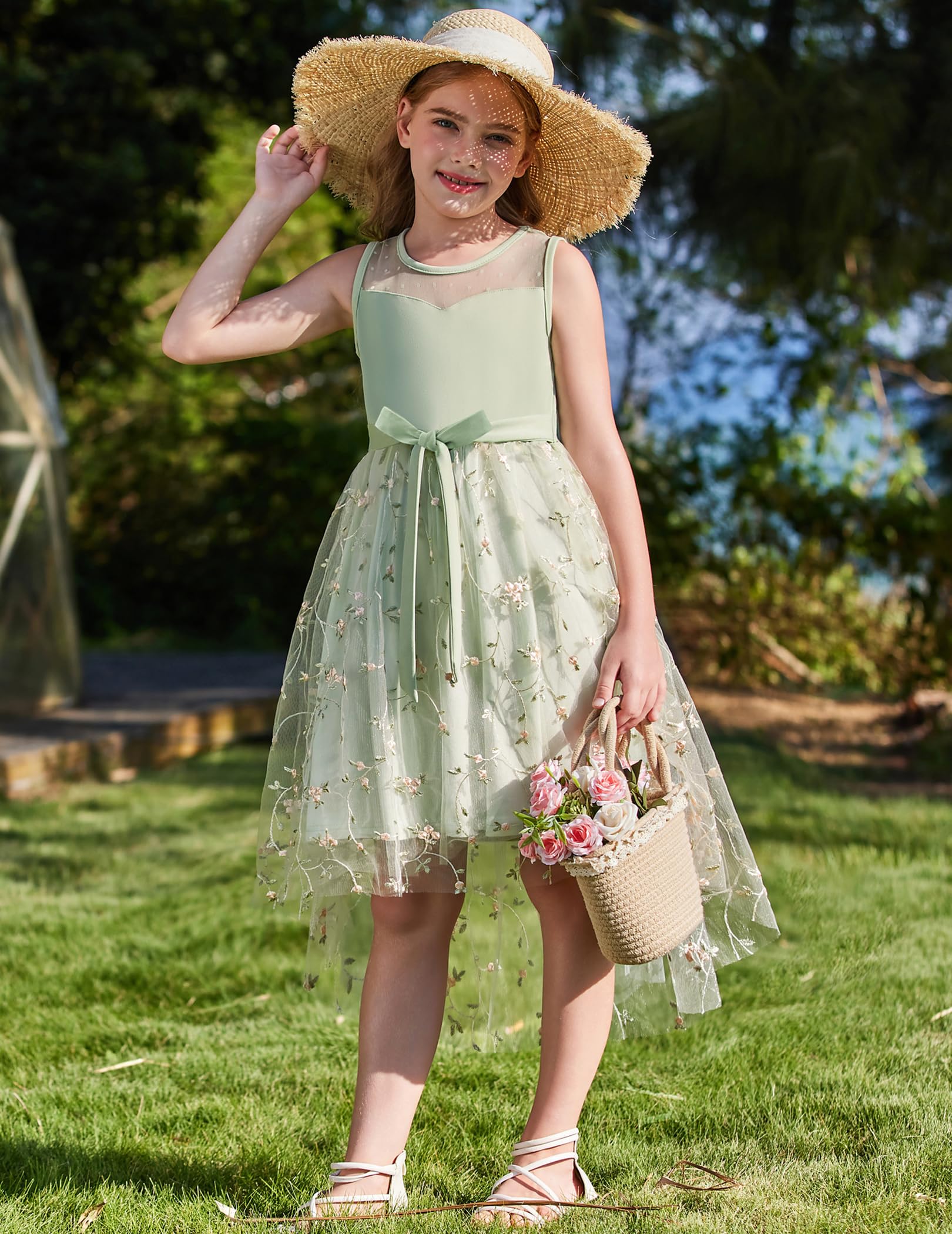 Arshiner Mädchenkleider Ärmelloses Kinder Sommer Party Festliches Hochzeitskleid Kommunionkleid Brautjungfernkleid Blumenmädchenkleider Tüllkleid mit asymmetrischem Saum und Gürtel 6-15 Jahre - 5