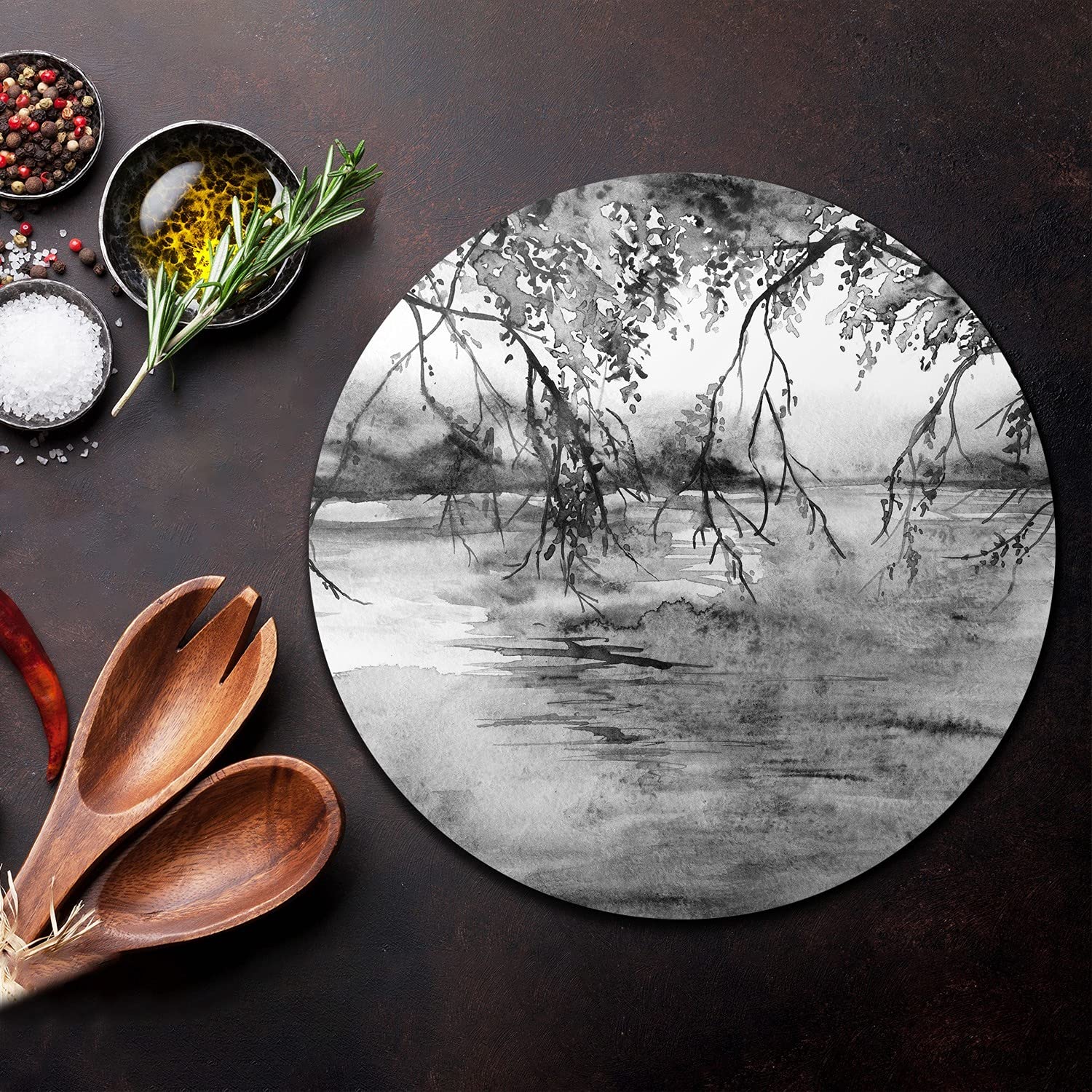 Coloray Glas Schneidebrett 40cm Herdabdeckplatte Servieren von Speisen Spritzschutz Glasabdeckplatte Gehärtetes Glas Induktionsherdabdeckung - Baum Zweig River Lake Landschaft