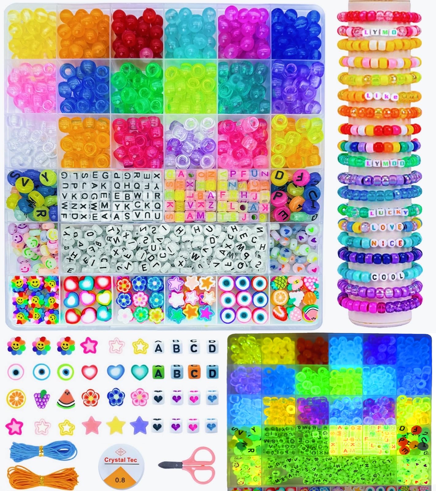 LYMOOR 1000 Glow in The Dark Bracelet Making Kit, Luminous Kandi Pony Beads Heart Letter Beads, Shine Bracelet Jewellery, Assorted Colors Shape, Crafts Necklace Jewelry DIY Gifts