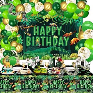 Reptile Birthday Party Supplies, Includes Happy Birthday Backdrop, Tablecloth, Balloons, Jungle Swamp Wilderness Snakes Lizard Alligator Turtle Birthday Decorations for Kids Boys Birthday Party Decor