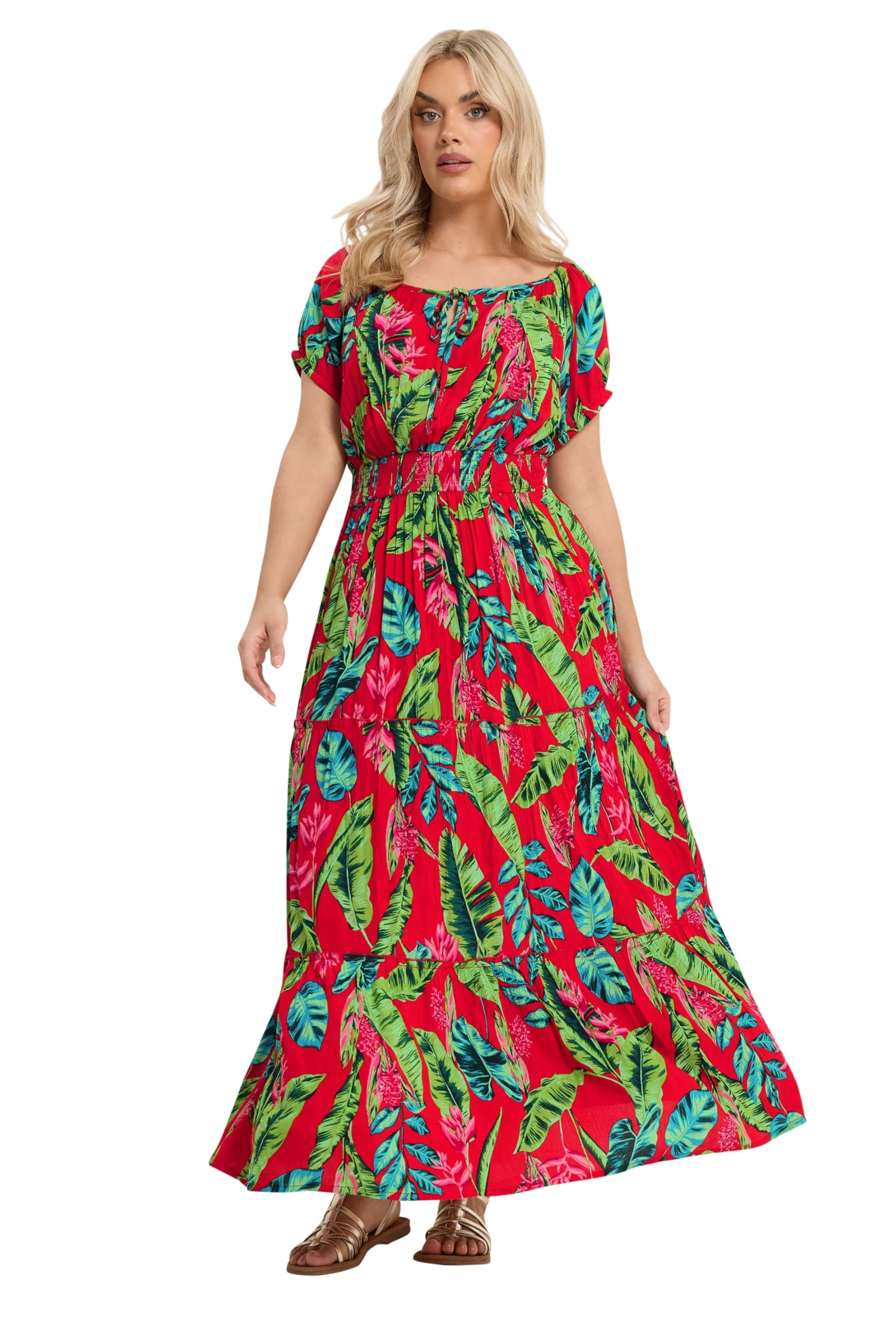 Yours Women's Red Tropical Tie Neck Maxi Dress In | Size: 20