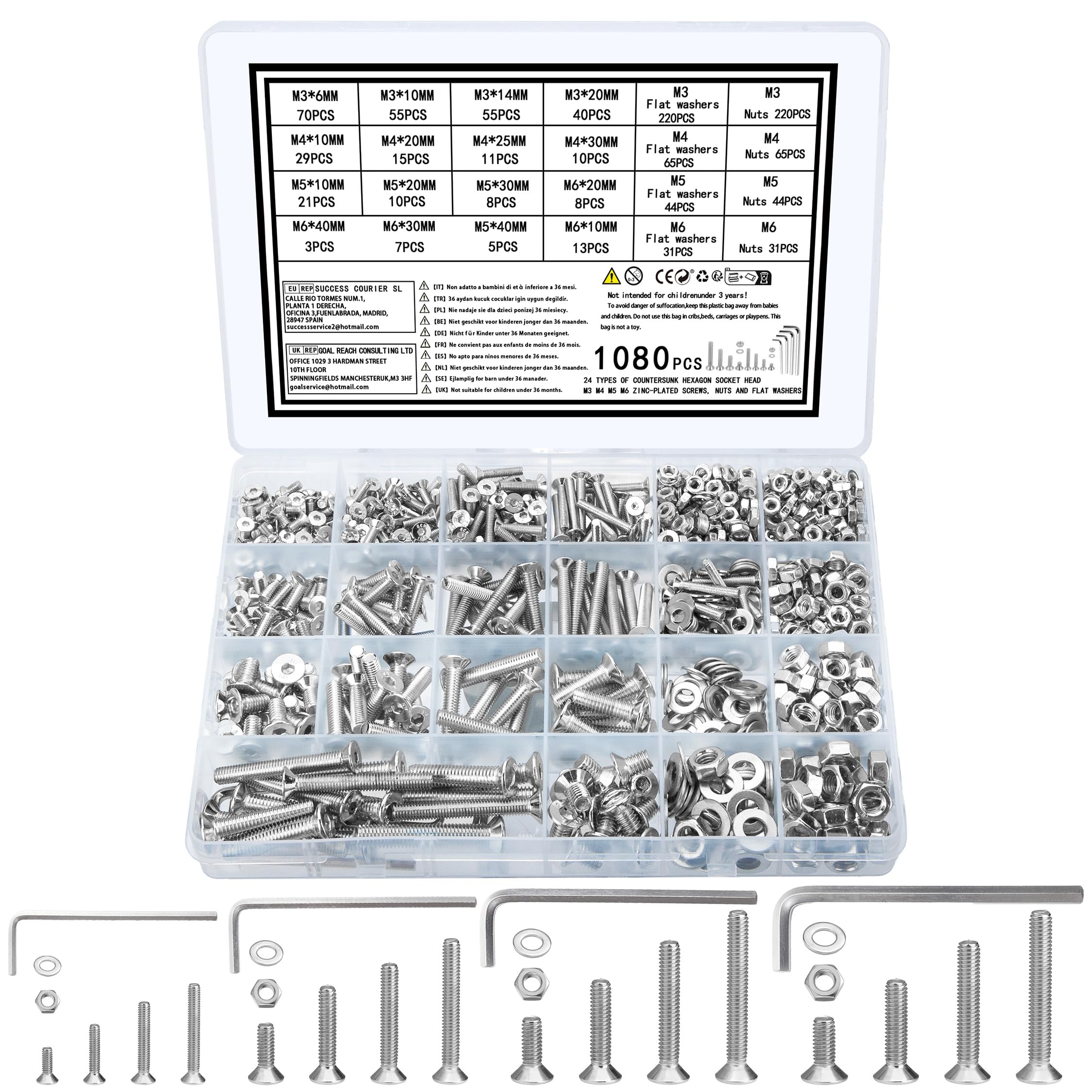 zrfgbxim 1080 Senkkopfschrauben Muttern Set,M3 M4 M5 M6 Schrauben Set,Flachkopfschrauben Innensechskant Schrauben und Muttern Set mit Unterlegscheiben, Maschinenschrauben Sortiment, Gewindeschrauben