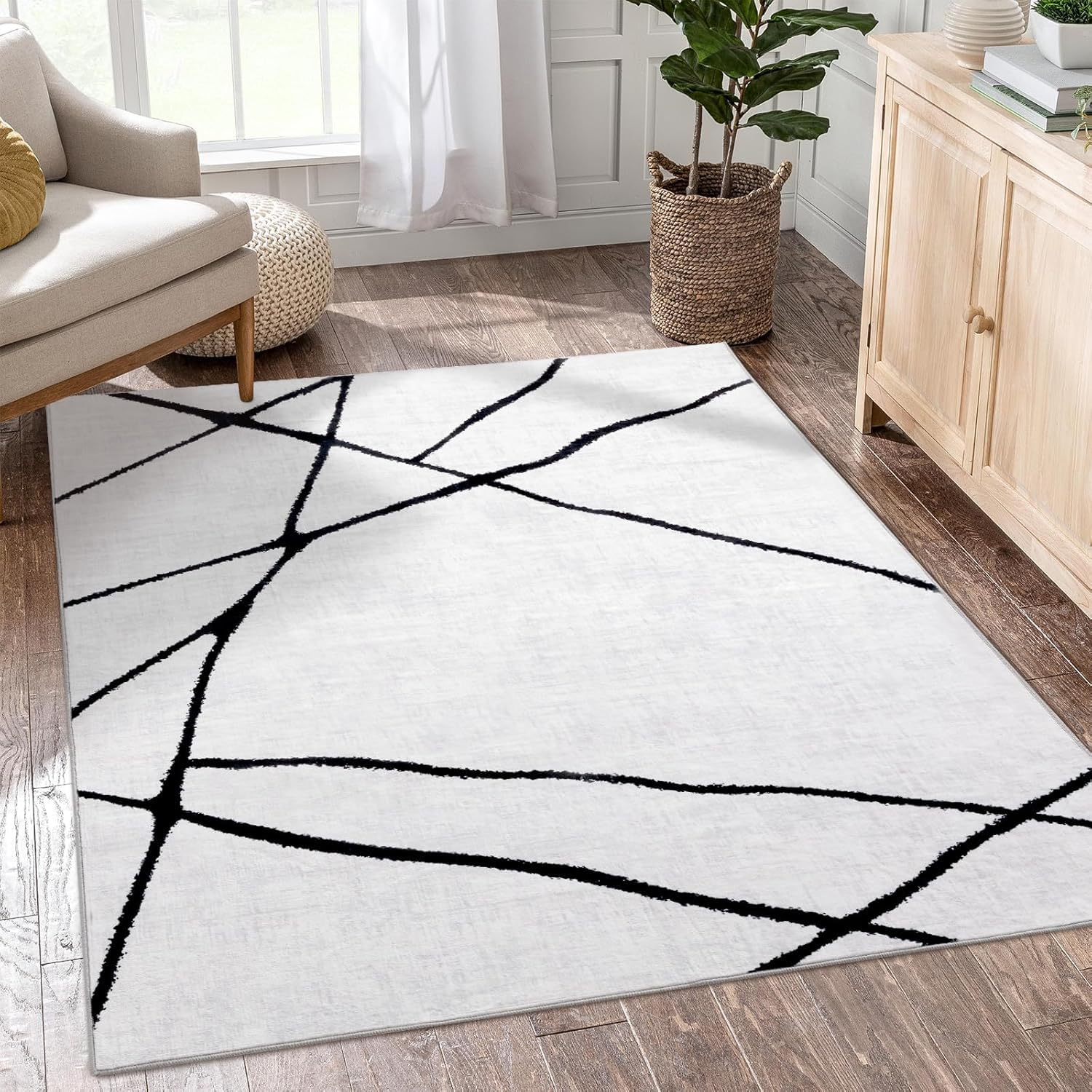 Tapis de salon moderne blanc géométrie abstraite 120x160cm lavable