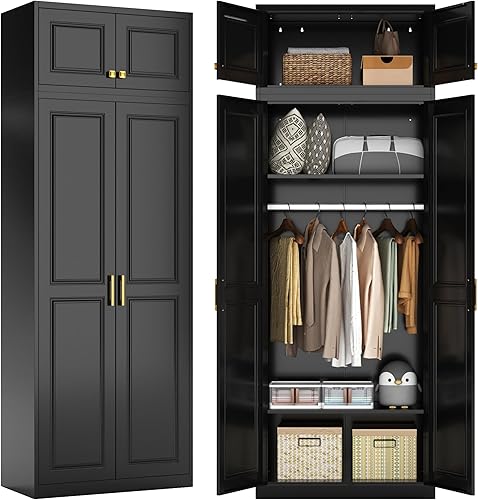 Miniatura 8 de Armario de metal con 2 puertas, armario de 71 pulgadas de alto con puertas, barra para colgar, cajones y estantes ajustables, armarios de