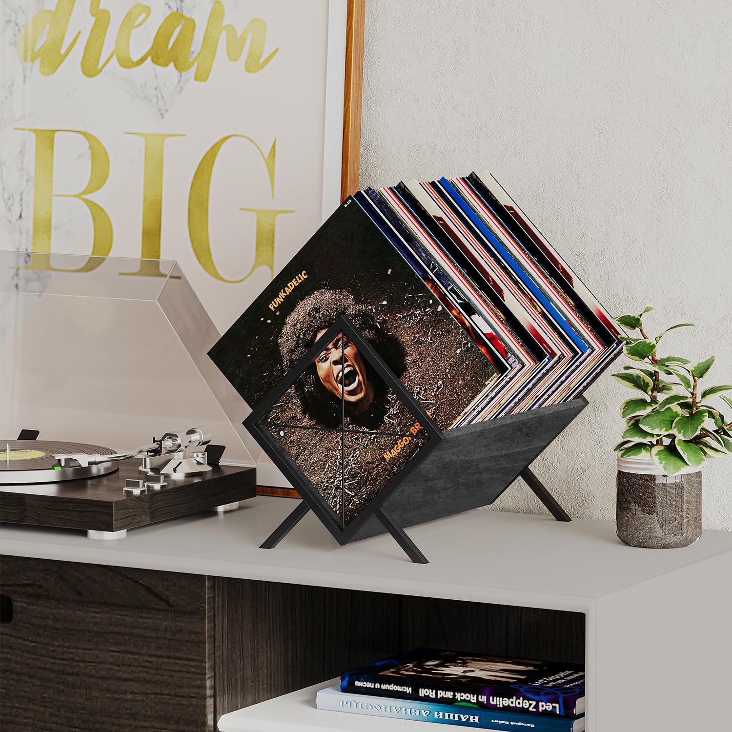 YINMIT Soporte para discos de vinilo, estante de almacenamiento de discos de vinilo de 80-100 LP, exhibición de discos de vinilo de montaje rápido, organizador de estilo retro para revistas, libros,