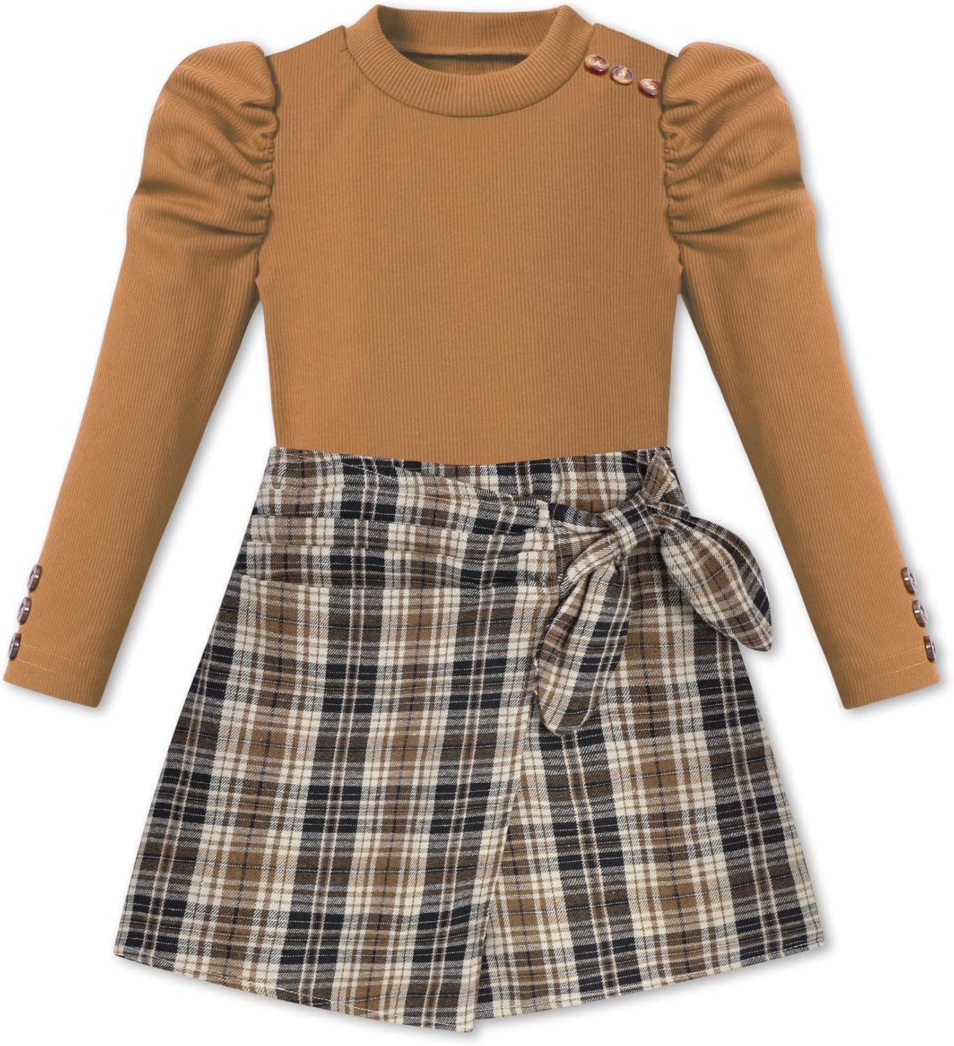 Girls Clothes Girls Skirt Set Puff Sleeve Shoulder Button Cute Tops for Teen with Pleated Bowknot Skirt Shorts