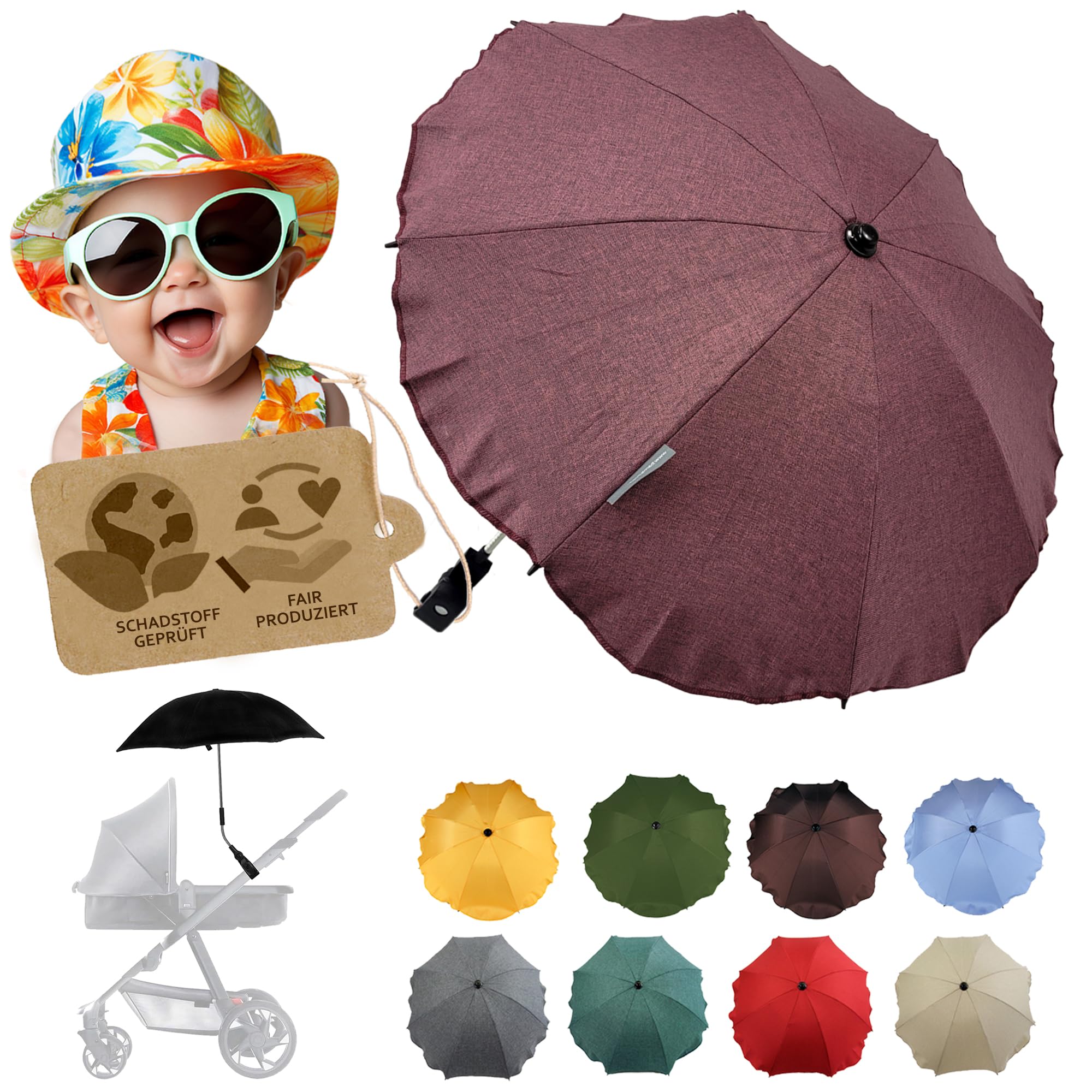 Sonnenschutz universal [Sonnenschirm für Kinderwagen] Buggy UV Schutz 50+ mit Universalhalterung biegsamer Schirm für Rund- und Ovalrohre verstellbar (meliert bordeaux)