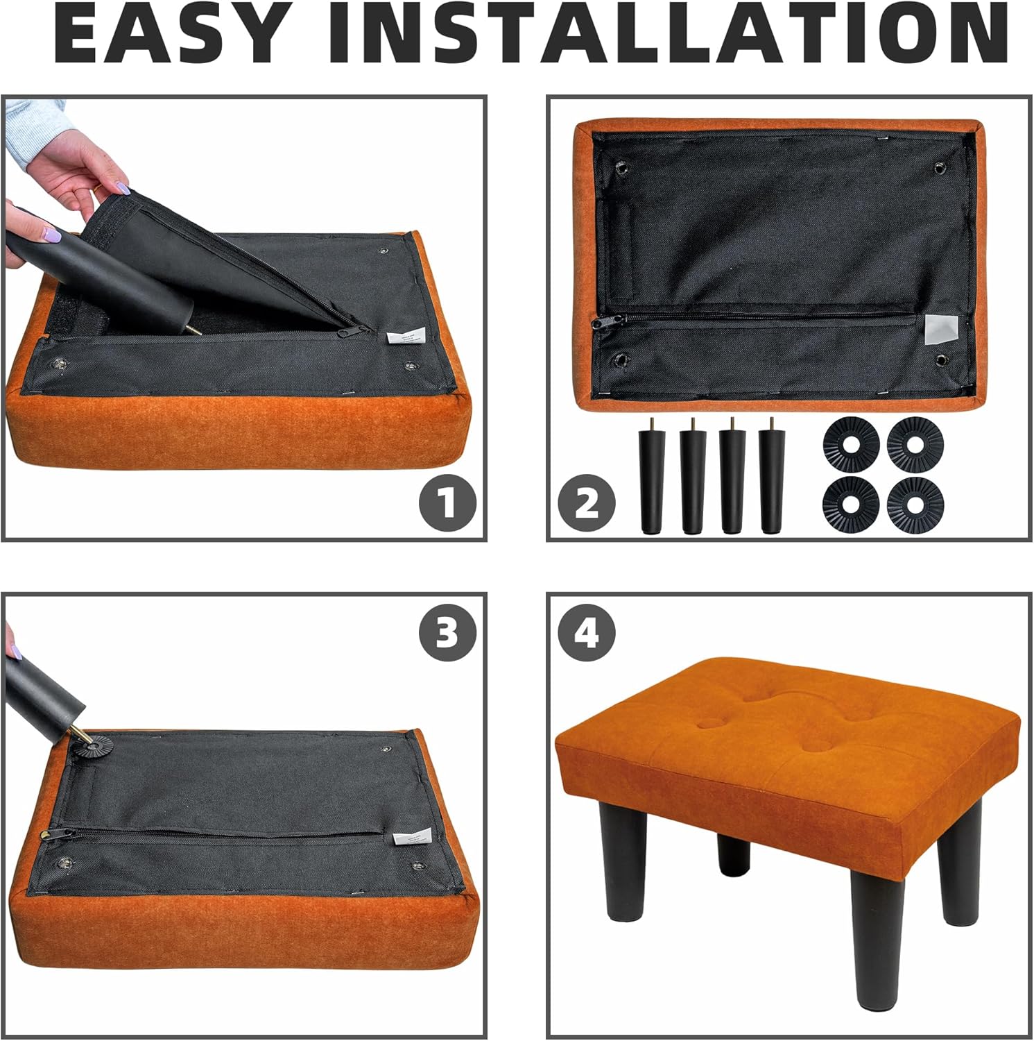 CAROLMADE Ottoman Foot Rest, Suede Small Ottoman Foot Stool with Legs Modern Footstool Ottomans for Living Room Entryway Office, Orange