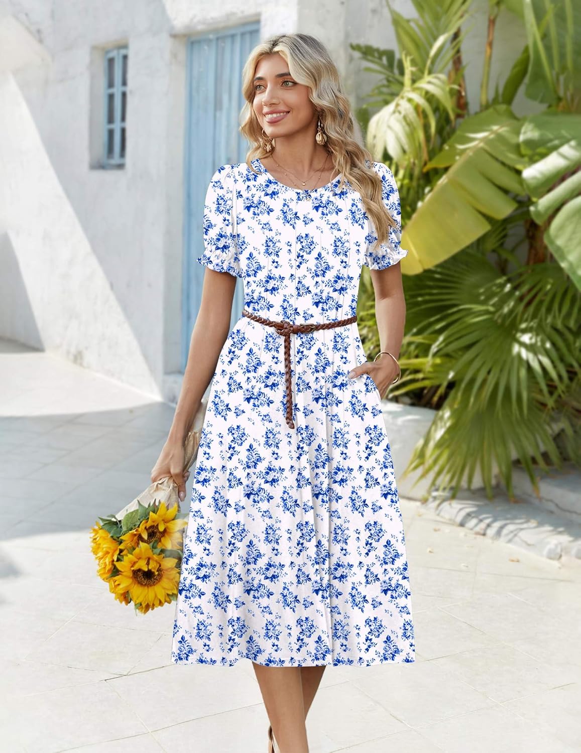 Zeagoo Womens Summer Dress Casual Midi Dresses 2026 Short Puff Sleeve Flare Dress Pleated Flowy Sundress with Pockets - Image 5