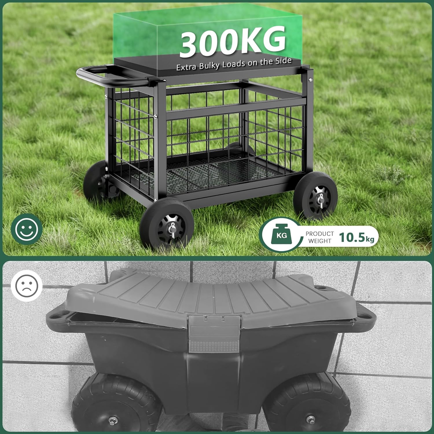 FLINTER Rolling Garden Work Seat with Wheels, Heavy Duty Garden Cart with Seat - Metal Rolling Garden Stool, Upgraded Gardening Cart for Seniors, Outdoor Wagon for Lawn, Patio Gardening, Black
