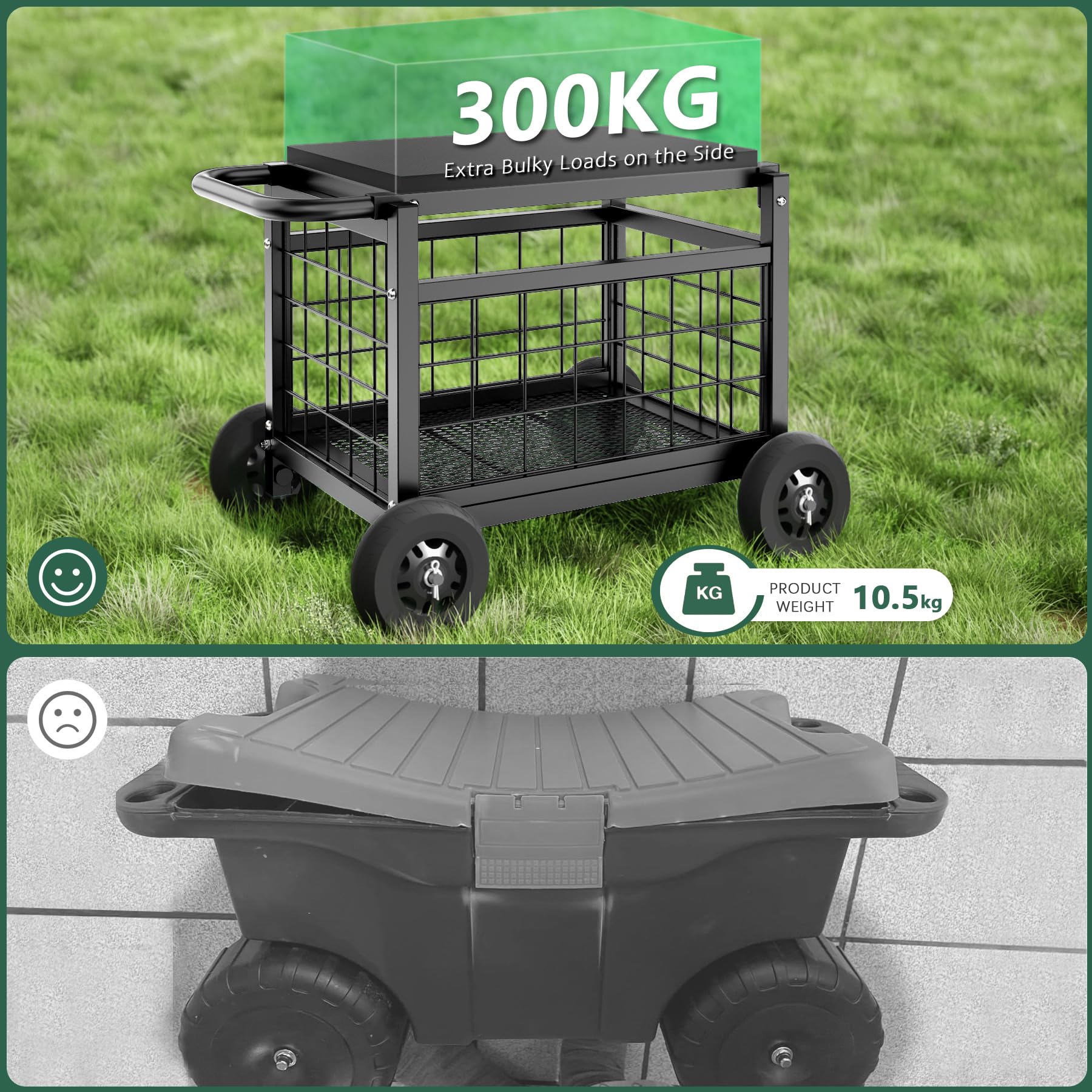 FLINTER Rolling ogrodowy fotel roboczy z kółkami, patentowy wózek ogrodowy z siedziskiem, wózek ogrodowy z koszem do przechowywania, stołek ogrodowy z kółkami dla seniorów, ogrodników, wielofunkcyjny