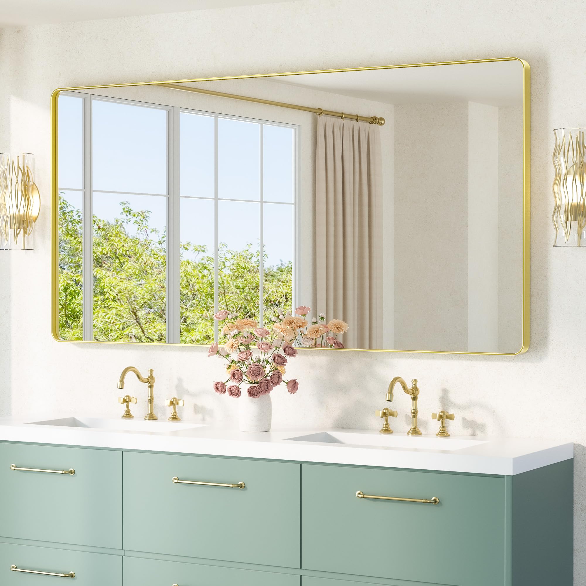 TETOTE 72 x 36 Inch Gold Framed Mirror Vanity Mirrors for Wall Decor Brushed Gold Bathroom Mirrors, Tempered Glass, Modern Farmhouse Wall Mounted Mirror for Decorative(Horizontal/Vertical)