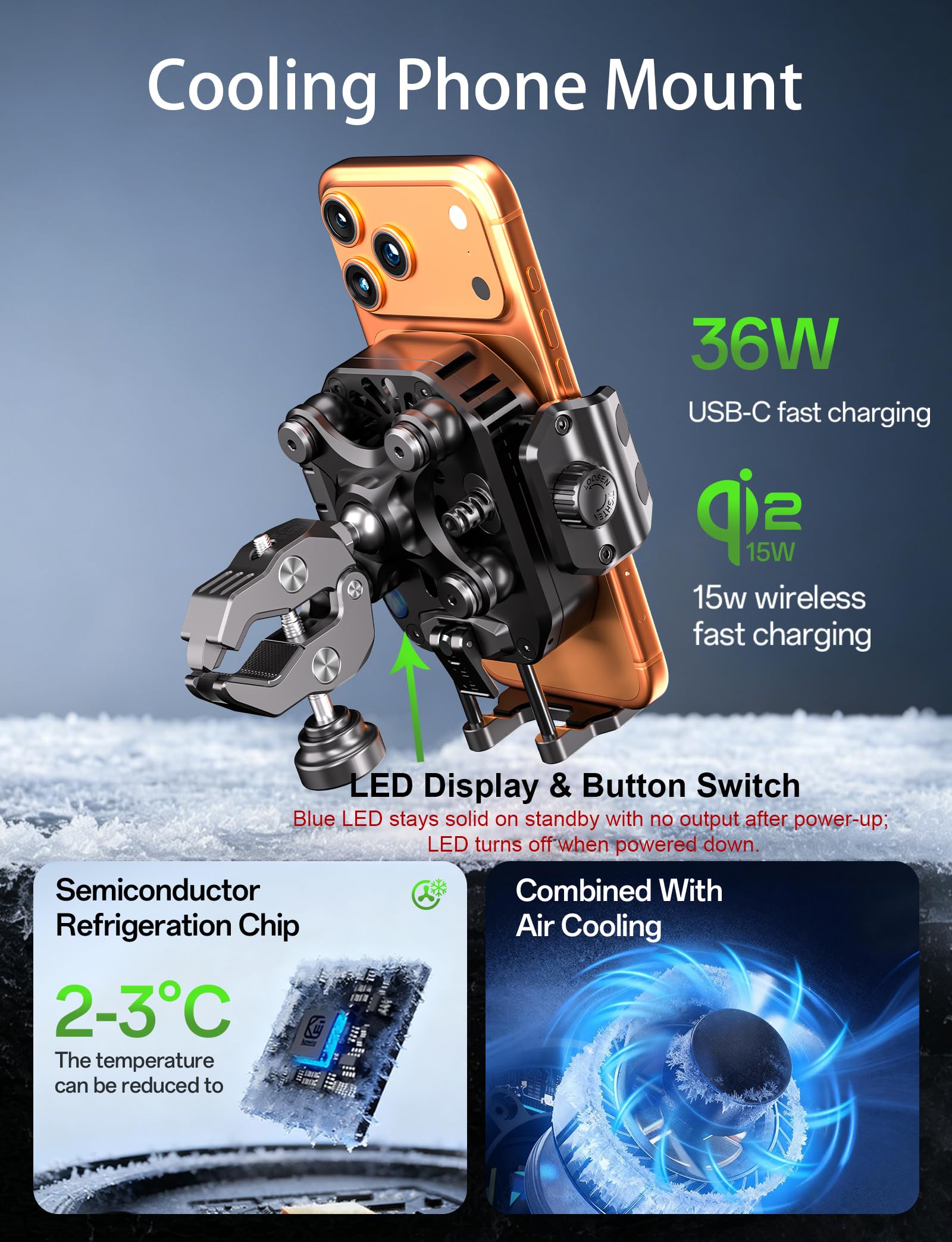 Kewig Support de téléphone pour moto avec chargeur sans fil Qi2 15 W et port de charge rapide 36 W PD/USB-C [amortisseur de vibrations] [compatible avec l'appareil photo] Support de téléphone pour