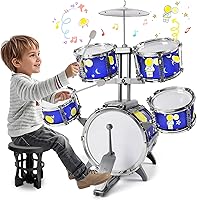 TWFRIC Toddler Drum Set for Ages 3-6: Kids Jazz Drum Kit with Bass Drum Pedal, 5 Drums, Cymbal, Stool - Educational Music Toy Gifts