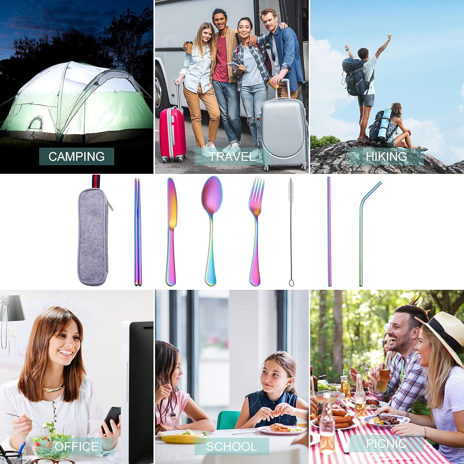 Reusable Travel Utensil Set With Case (Rainbow), Travel Cutlery Set, Portable Camping Silverware Set, Portable Stainless Steel Flatware Set 8-Piece, Dishwasher-Safe