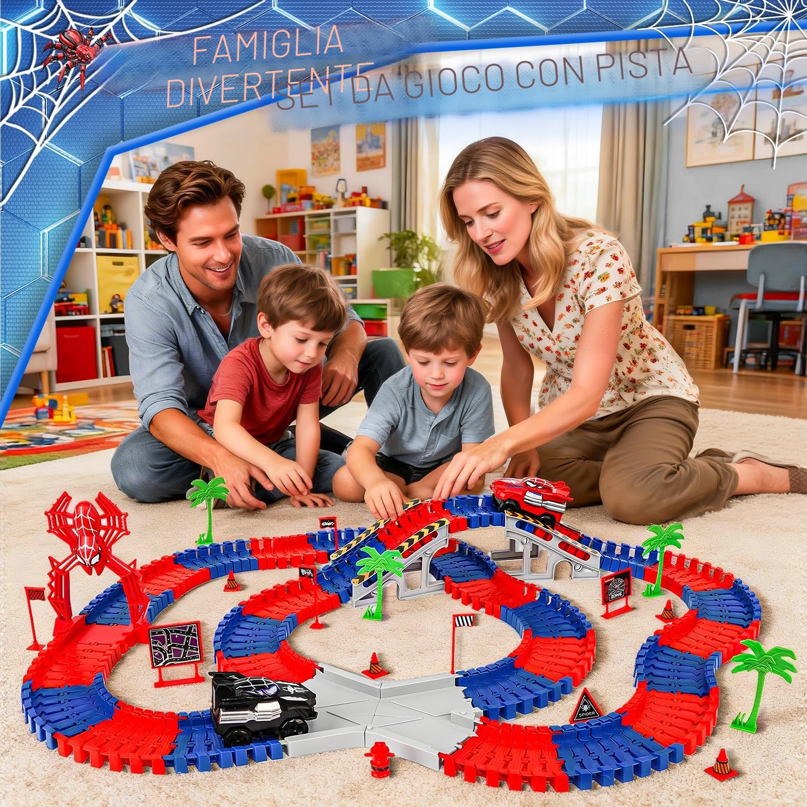 Kssvzz Spider Pista Macchinine 2 3 4 5 6 Anni Bambino, Flessibile Giocattolo Pista Auto Elettriche, Regalo Compleanno Natale Giochi per Bambini 2-8 Anni (212 Pezzi)