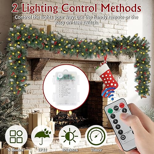 Miniatura 6 de Guirnalda de Navidad de 9 pies con luces, funciona con pilas, árbol de guirnalda verde preiluminado con piñas, bayas rojas y 50 luces, decoración