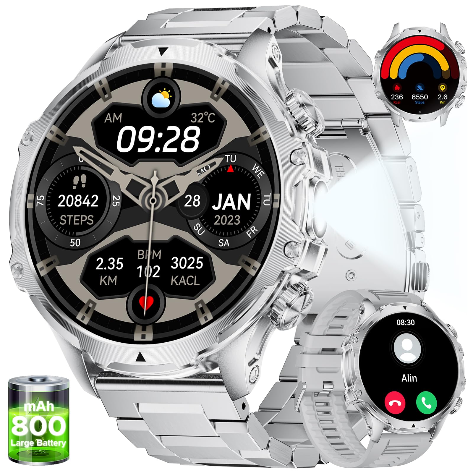 LIGE Montre Connectée Homme, Grand Écran HD 1,85''/800mAh/Torche LED, Smartwatch avec Appel Bluetooth, Étanche 5ATM, 110+ Modes Sportifs, Suivi Fréquence Cardiaque et Sommeil, Android iOS,FV15-E