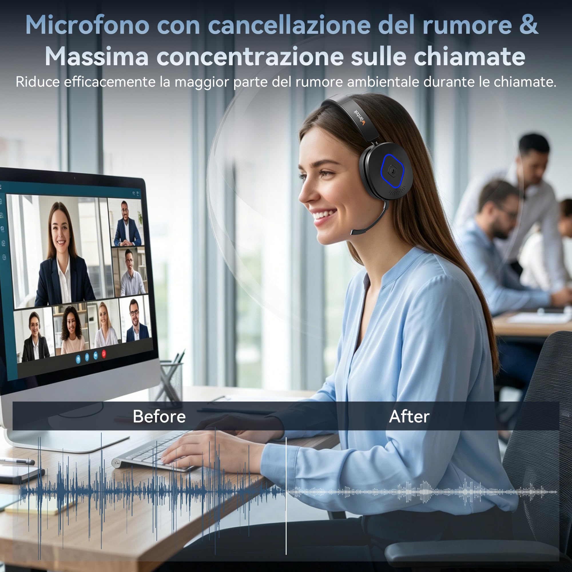 Wantek Cuffie Bluetooth con Microfono, Base di Ricarica e Dongle USB, Bluetooth 6.0, Riduzione del Rumore Microfono, Connessione Multipoint, per PC, Laptop, Teams, Zoom e Ufficio, call center