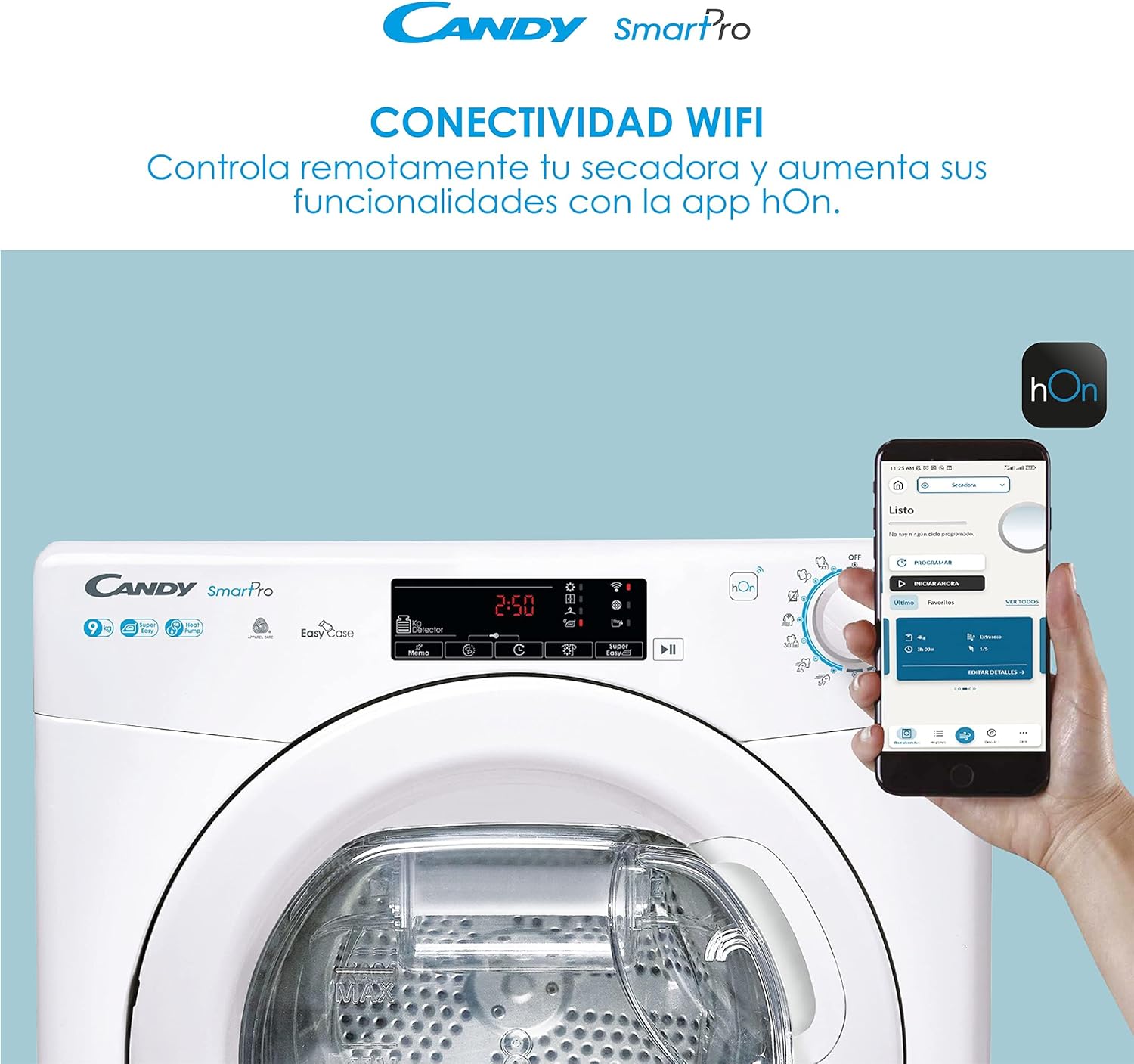 Candy Smart Pro Dryer with hOn App on Smartphone