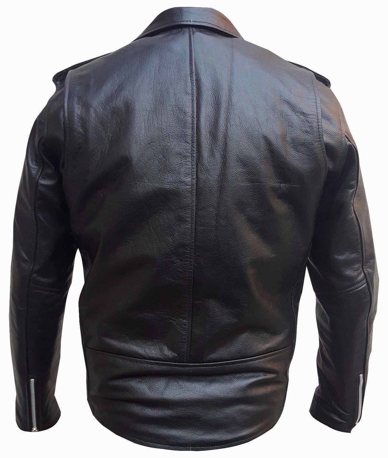 BS MOTO - Giacca chiodo da motociclista in vera pelle bovina, stile Marlon Brando (Nero