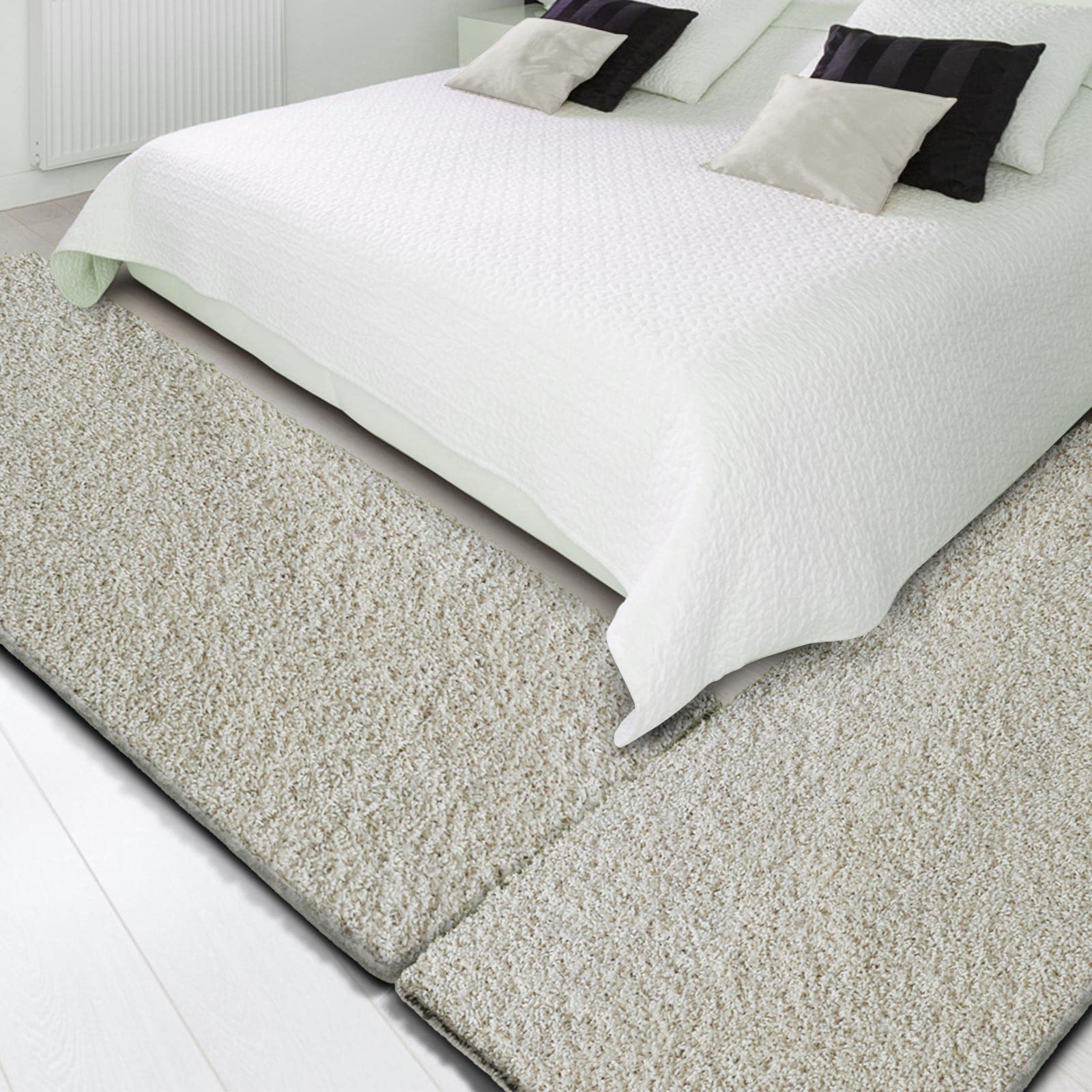 Floordirekt Shaggy-Bettumrandung Barcelona - 3-teilig - Shaggy-Kräusel-Optik - Hochflor Bettvorleger in vielen Farben (B: 67 cm | L: 1 x 250 cm + 2 x 140 cm, Creme)