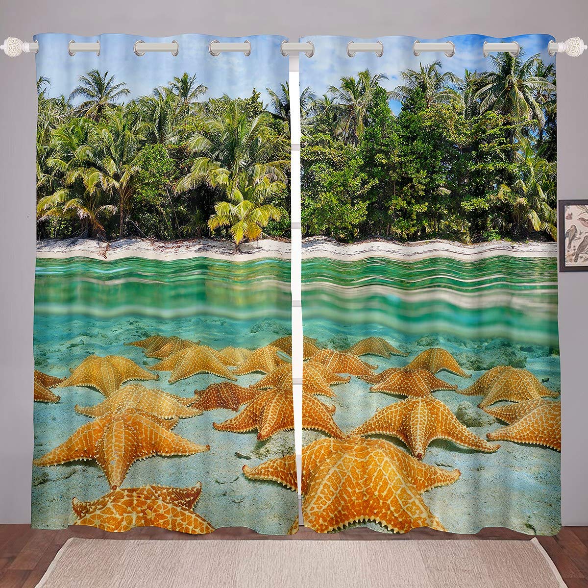 Loussiesd Hawaii Beach Theme Blackout Curtains for Kids Boys Girls 3D Starfish Print Curtains for Bedroom Marine Life Ocean Window Curtain Summer Vacation Darkening Thermal Drapes W46*L54,2 Panel Set — image 1