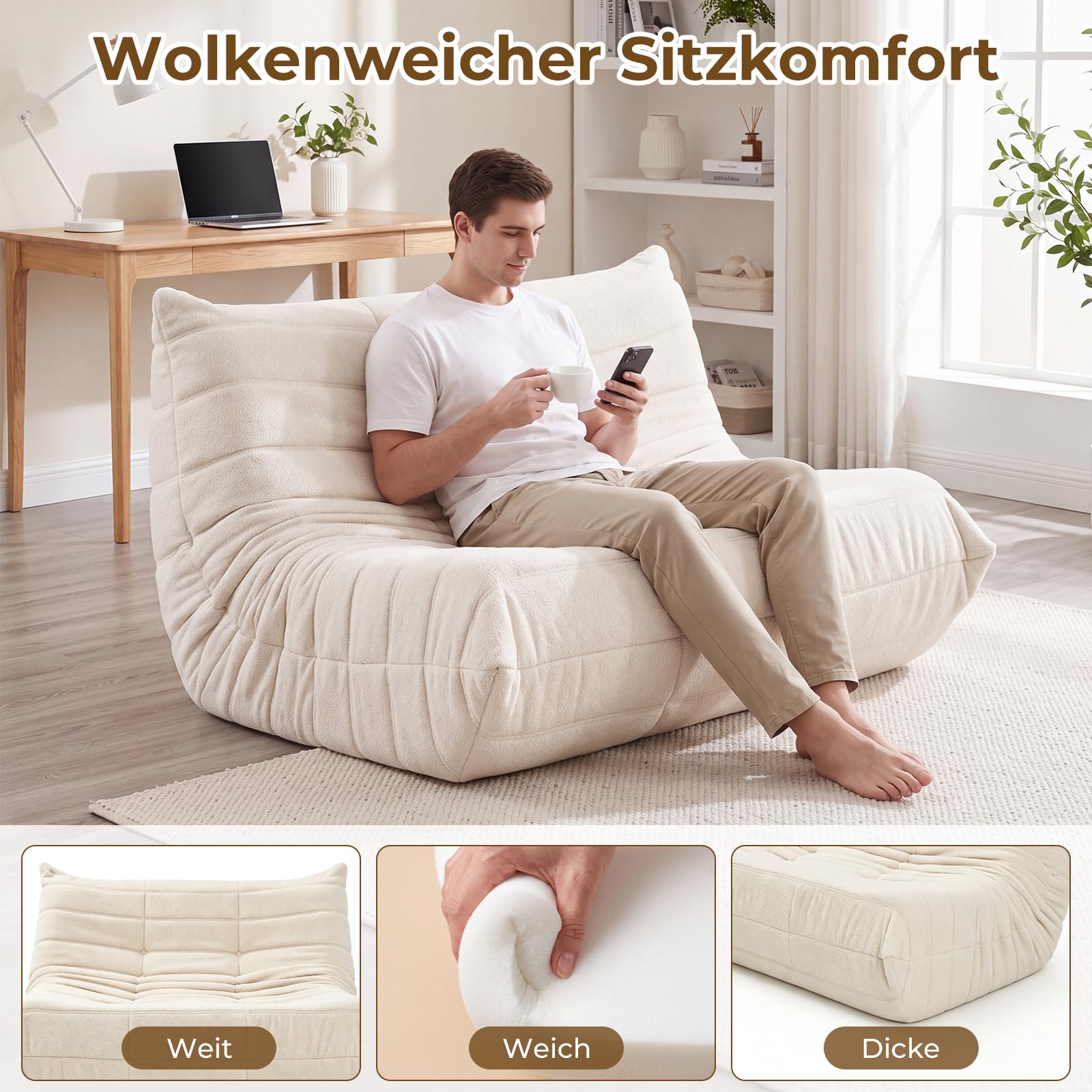 EVLIQUIL Sitzsack Sofa, Bodensofa, Lesesessel, Lazy Sofa (Beige)