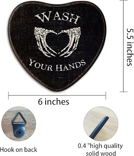 Miniatura 2 de Letrero de madera gótica de 6 x 5.5 pulgadas  Lava tus manos  Placa de madera negra en forma de corazón, decoración para el hogar y el baño, adorno